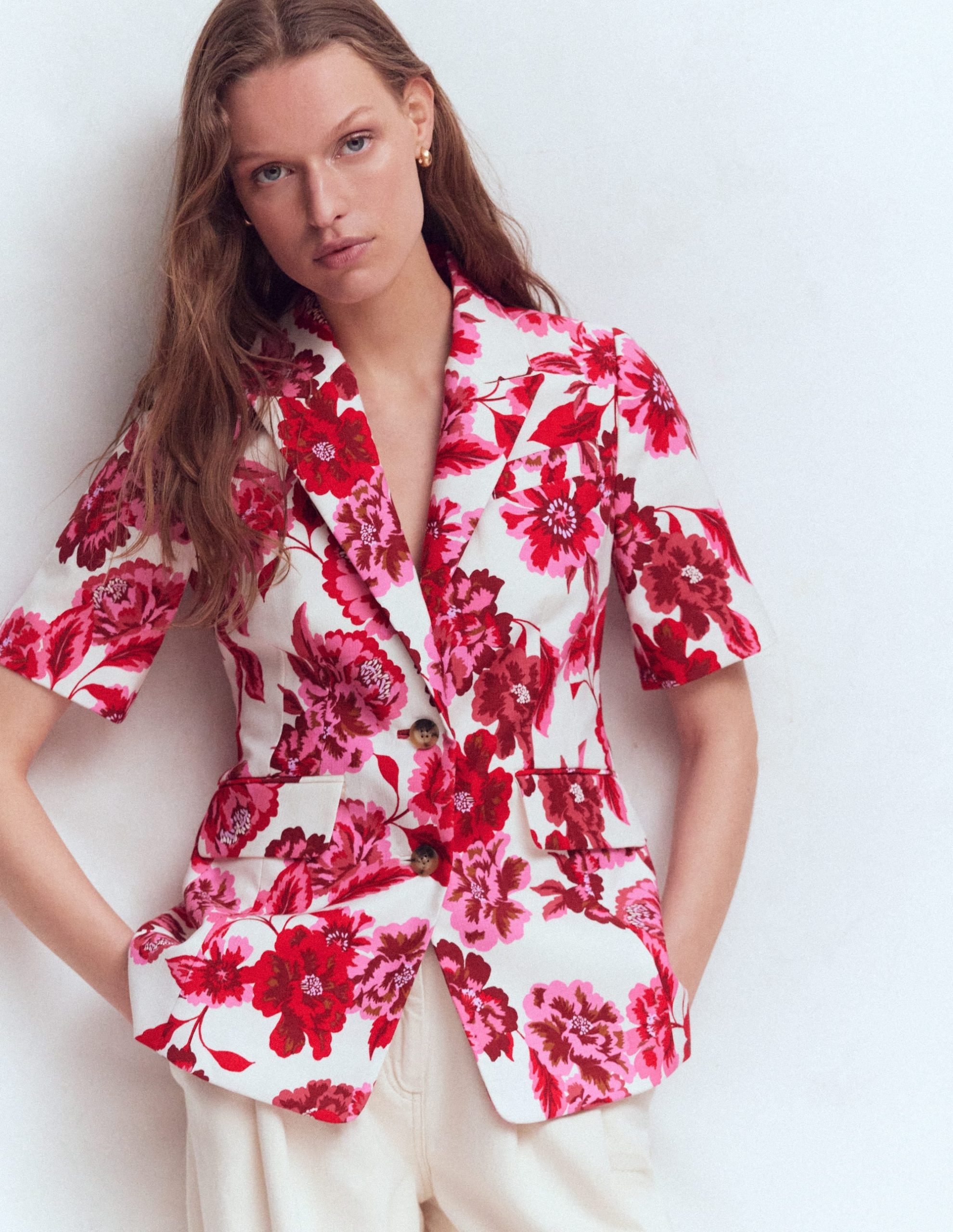 Short Sleeve Cotton Blazer-Sangria Sunset. Floral Print - Image 6