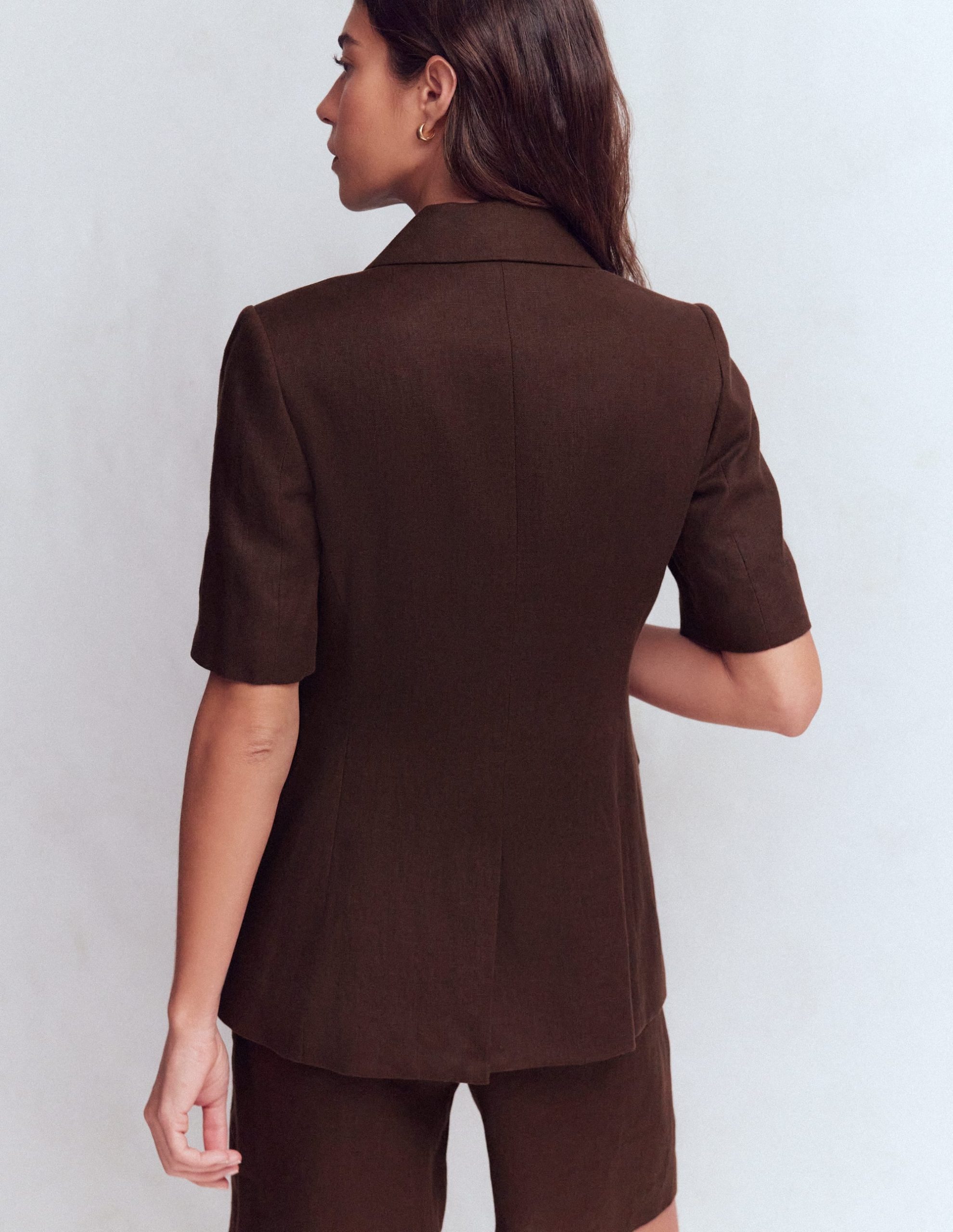 Short Sleeve Linen Blazer-Bitter Chocolate - Image 4