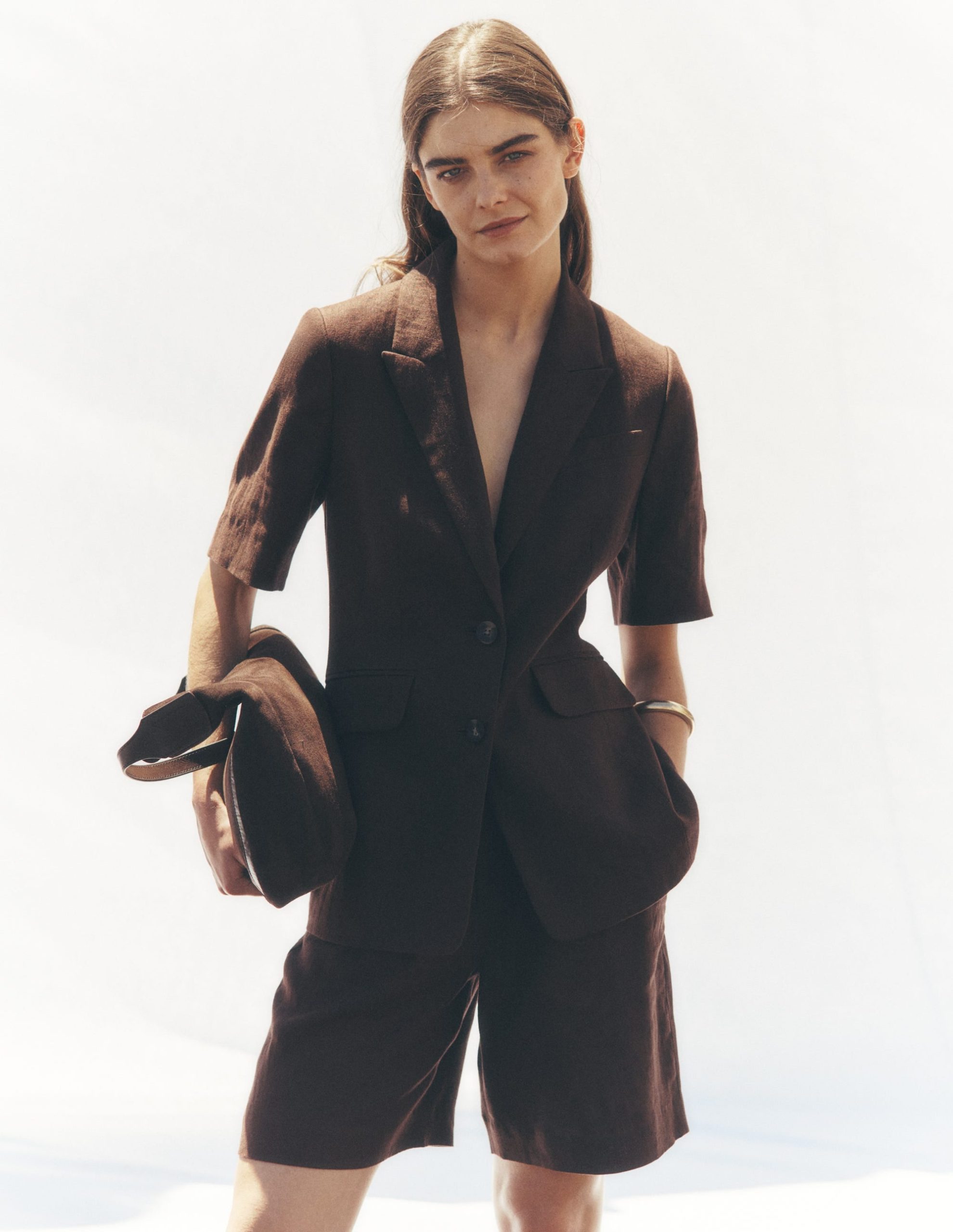 Short Sleeve Linen Blazer-Bitter Chocolate - Image 6