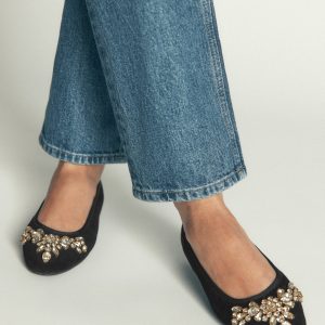 Patti Round Toe Ballet Flats-Black Suede Embellished