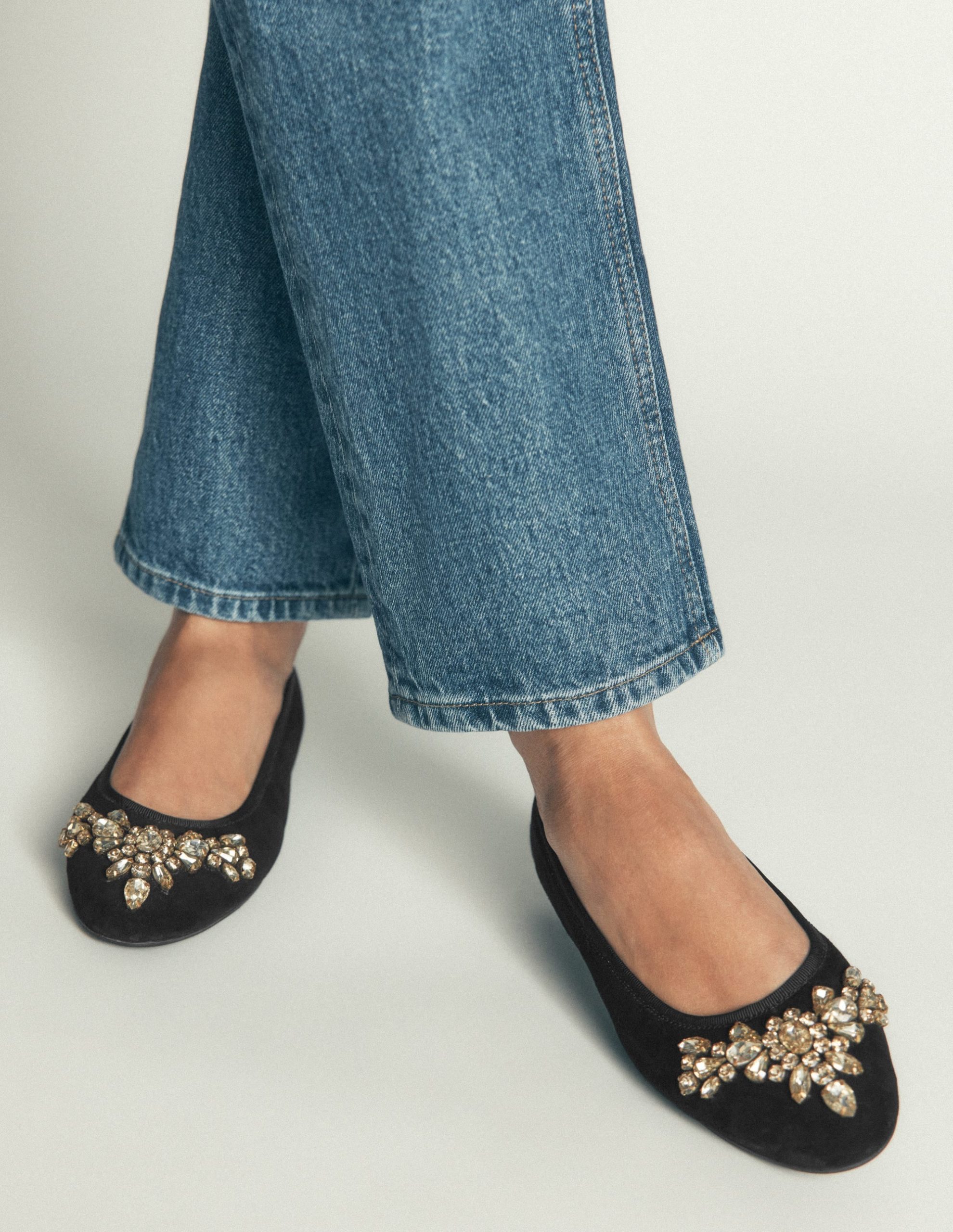 Patti Round Toe Ballet Flats-Black Suede Embellished