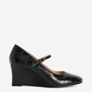 Wedge Mary Janes-Black Croc Embossed