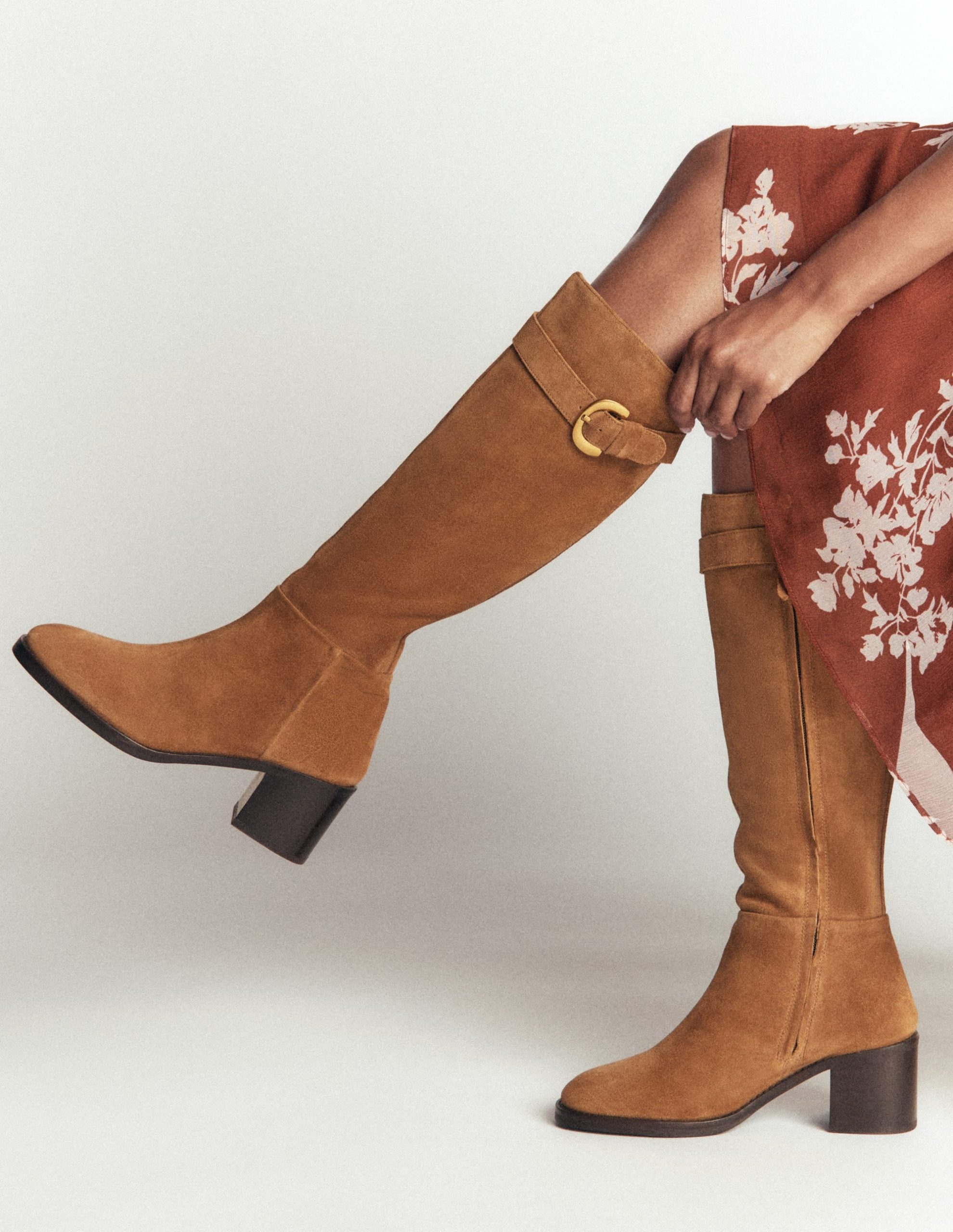 Buckle Detail Knee Boots-Cognac Suede - Image 2