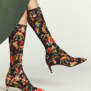 Stretch Kitten Heel Boots-Floral Print