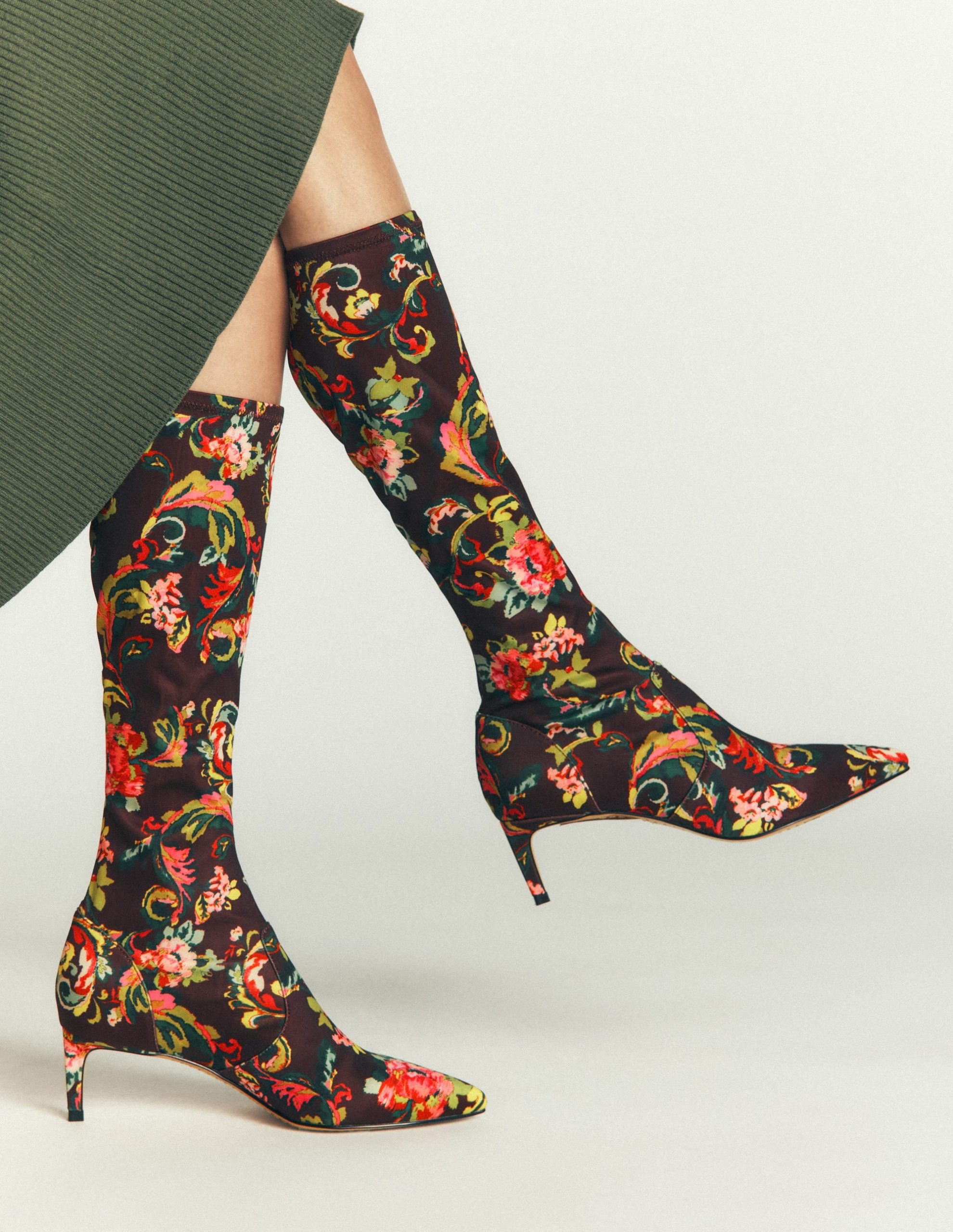 Stretch Kitten Heel Boots-Floral Print