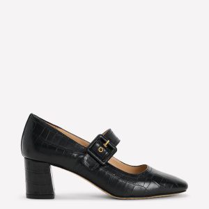 Buckle Strap Block Heels-Black Croc Embossed