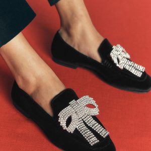 Dinah Embellished Loafers-Black. Sparkle Bows