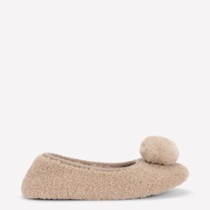 Borg Pompom Slippers-Natural