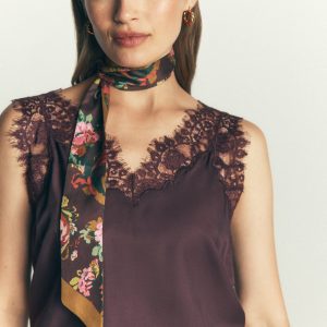 Octavia Skinny Silk Scarf-Green and Brown Paisley
