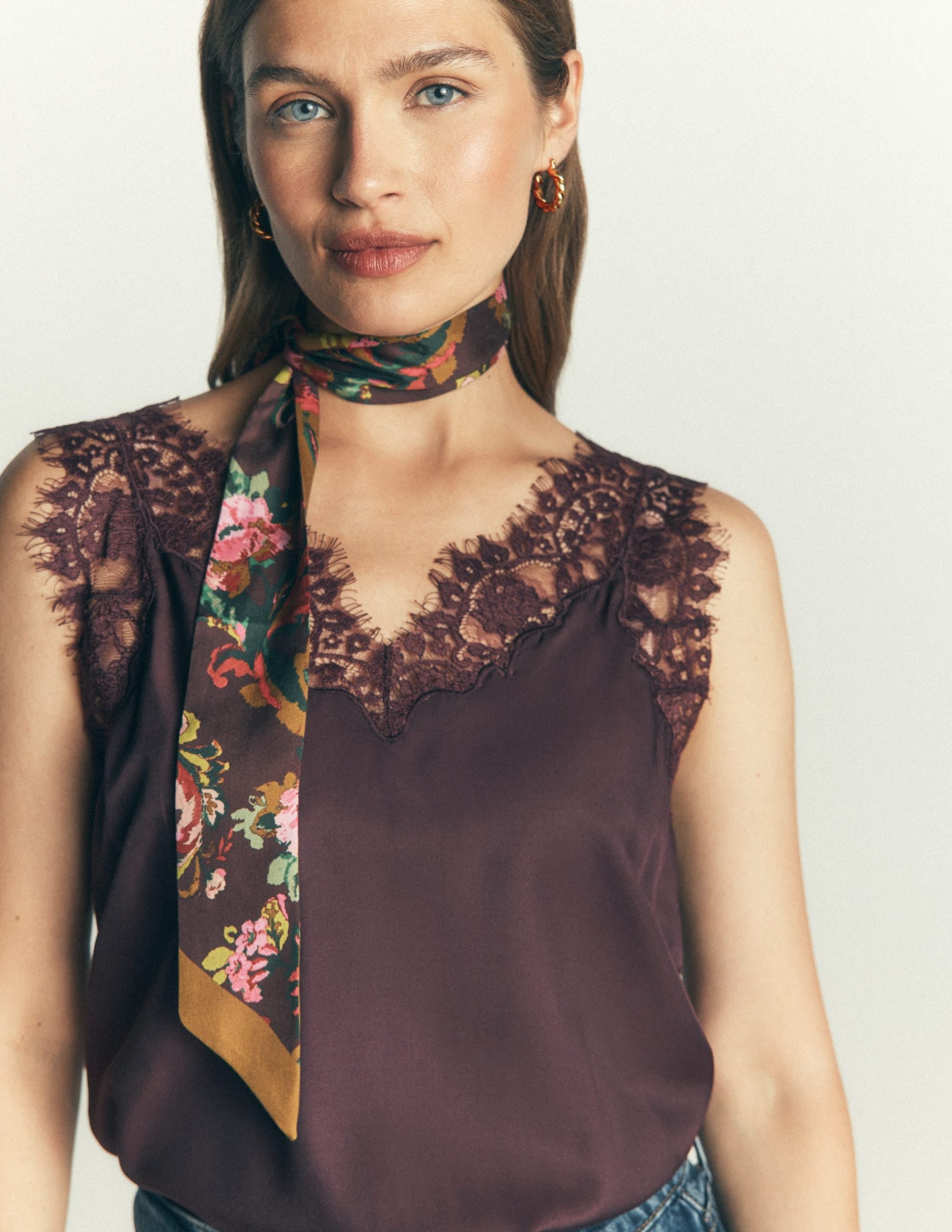 Octavia Skinny Silk Scarf-Green and Brown Paisley