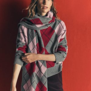 Knit Scarf-Charcoal. Red and Pink Argyle