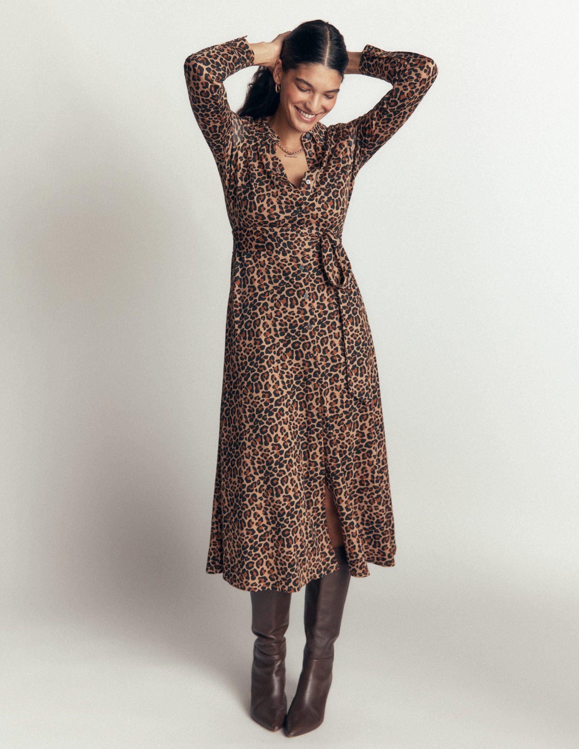 Marcia Jersey Shirt Dress-Camel. Leopard Fields