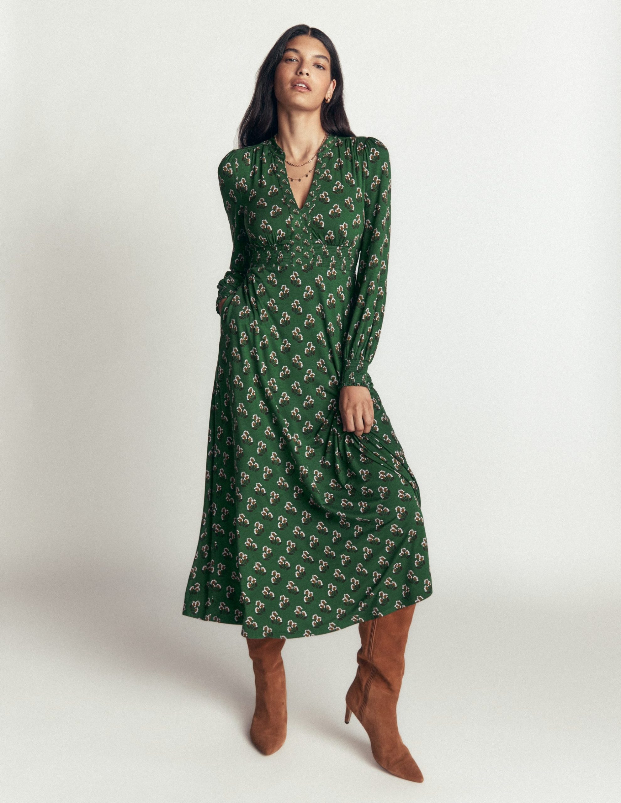 Georgia Jersey Midi Dress-Dark Green. Ditsy Carnation