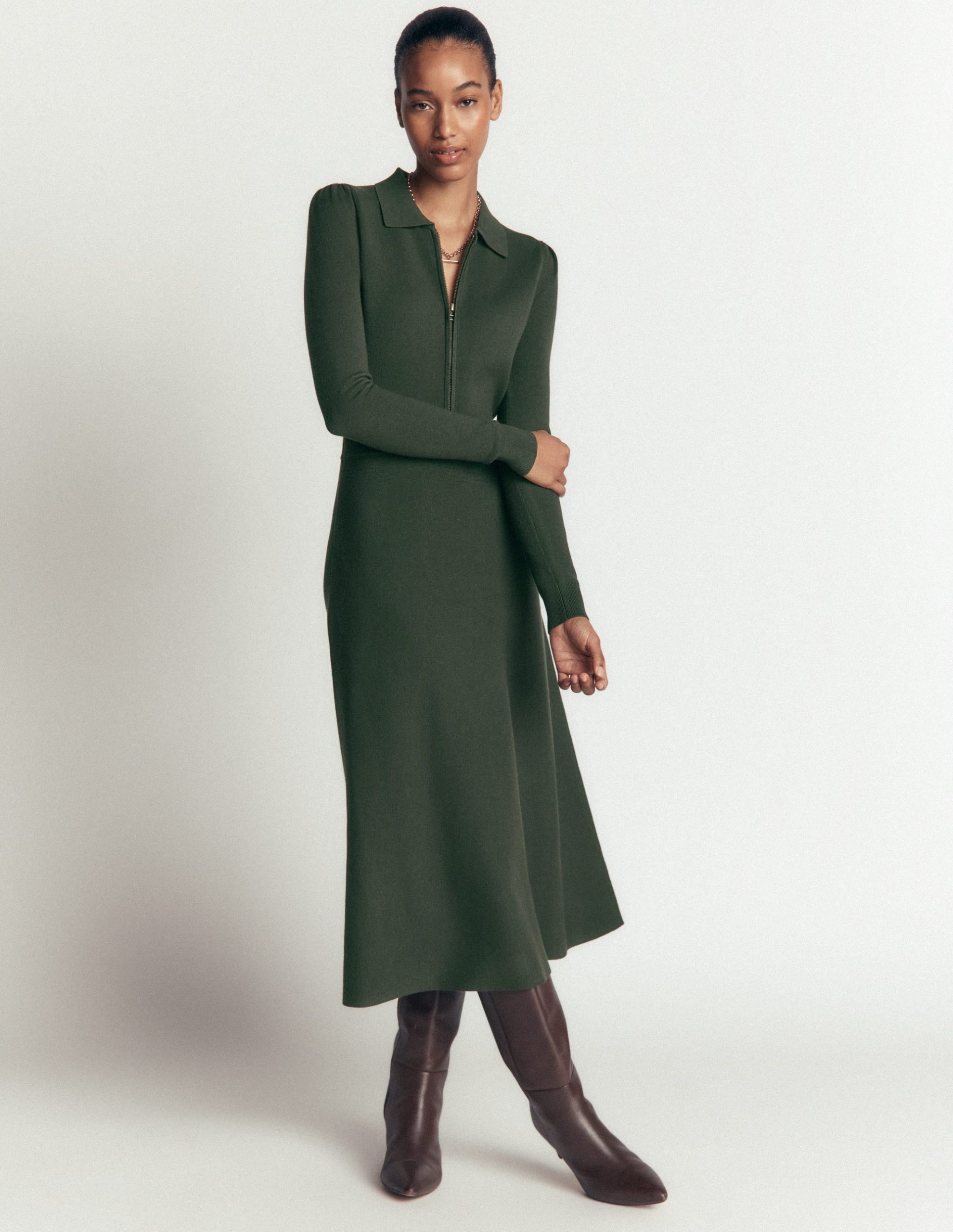 Fiona Zip Front Knitted Dress-Hunter Green - Image 4