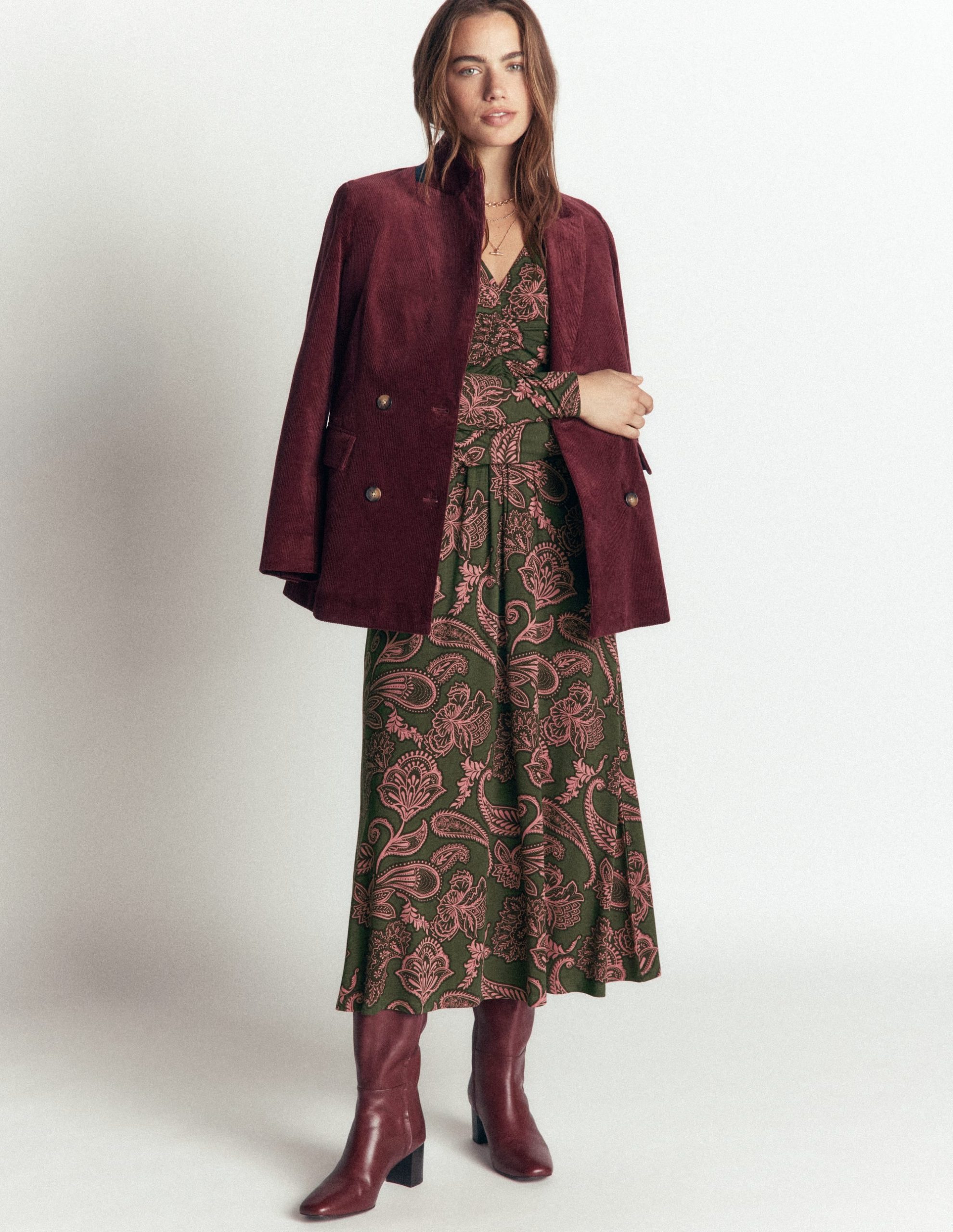 Jasmine Ruched Jersey Dress-Forest Glade. Paisley Bouquet