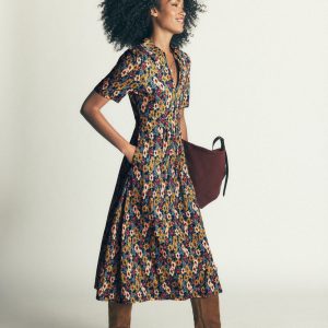 Heidi Jersey Midi Tea Dress-French Navy. Flecked Garden