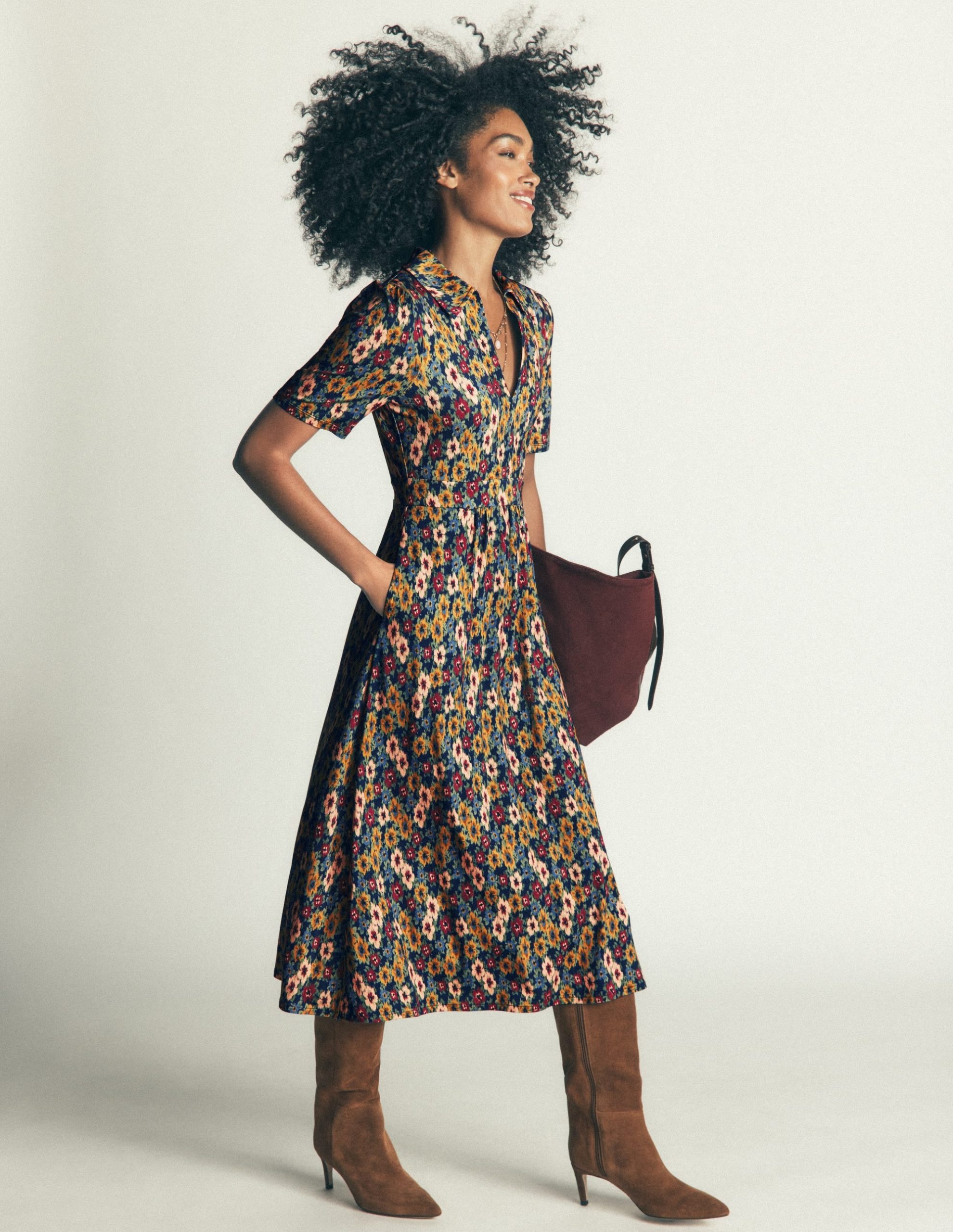 Heidi Jersey Midi Tea Dress-French Navy. Flecked Garden