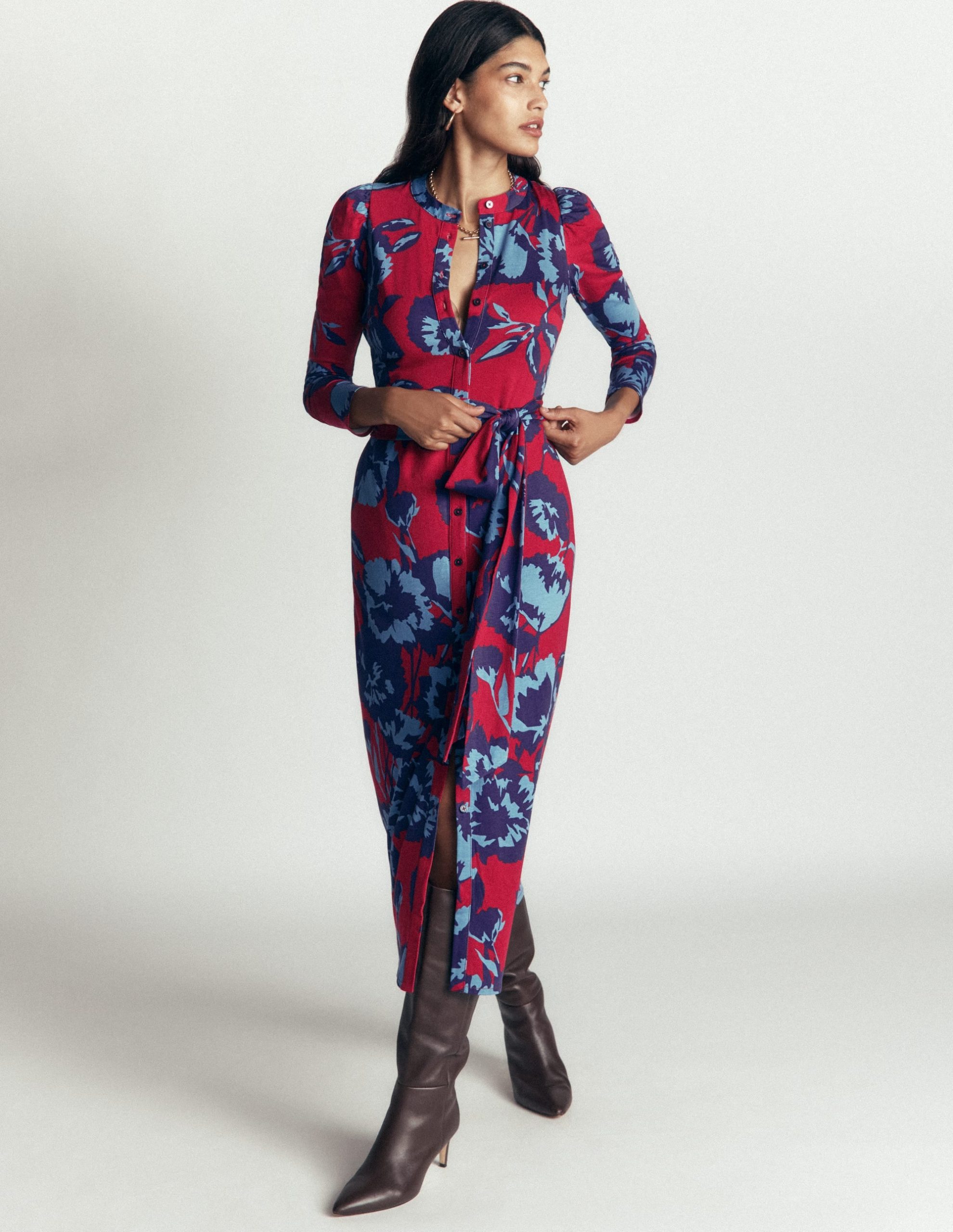 Honor Column Jersey Midi Dress-Crimson Red. Forest Breeze - Image 2
