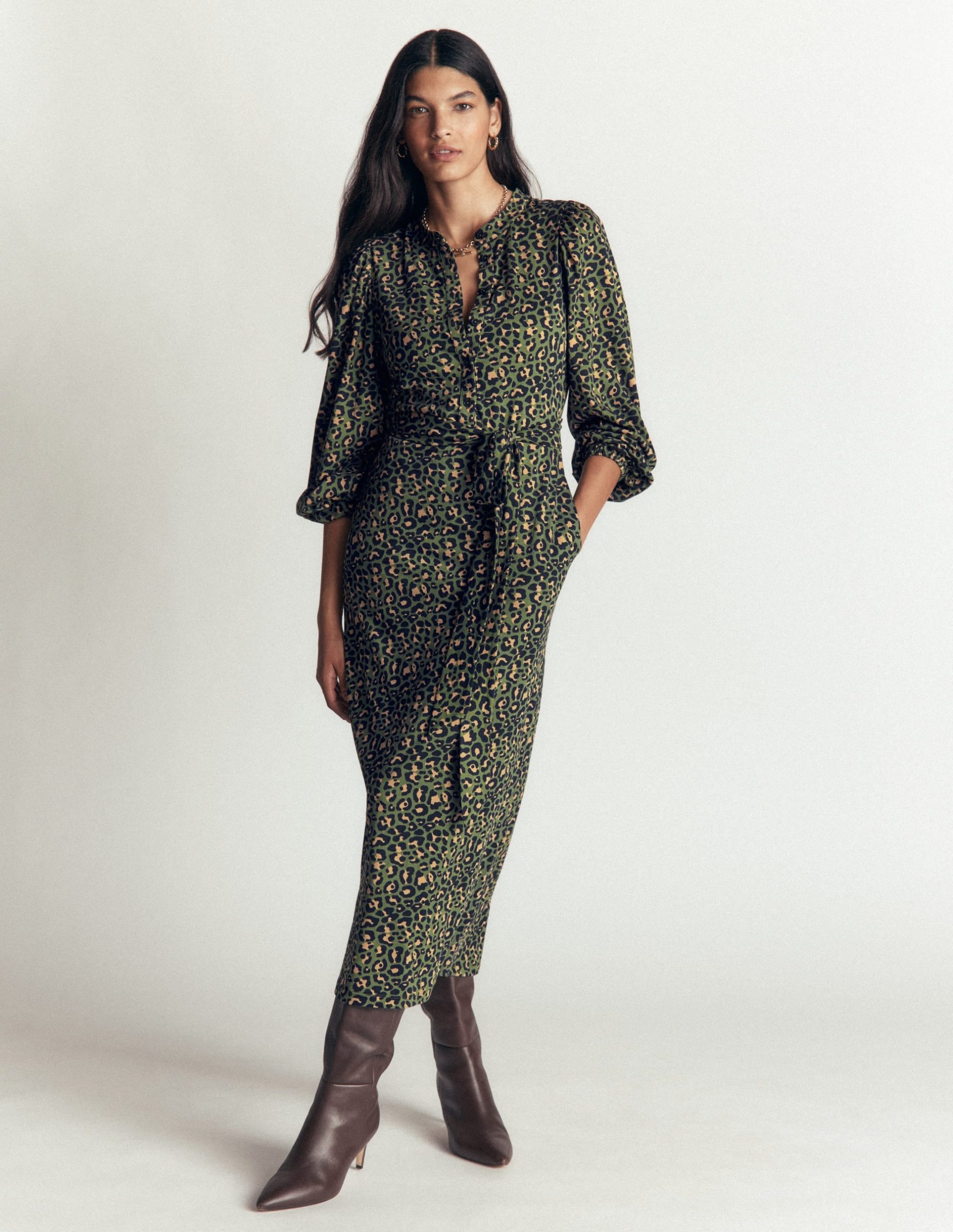 Eli Belted Jersey Midi Dress-Brunswick Green. Leopard