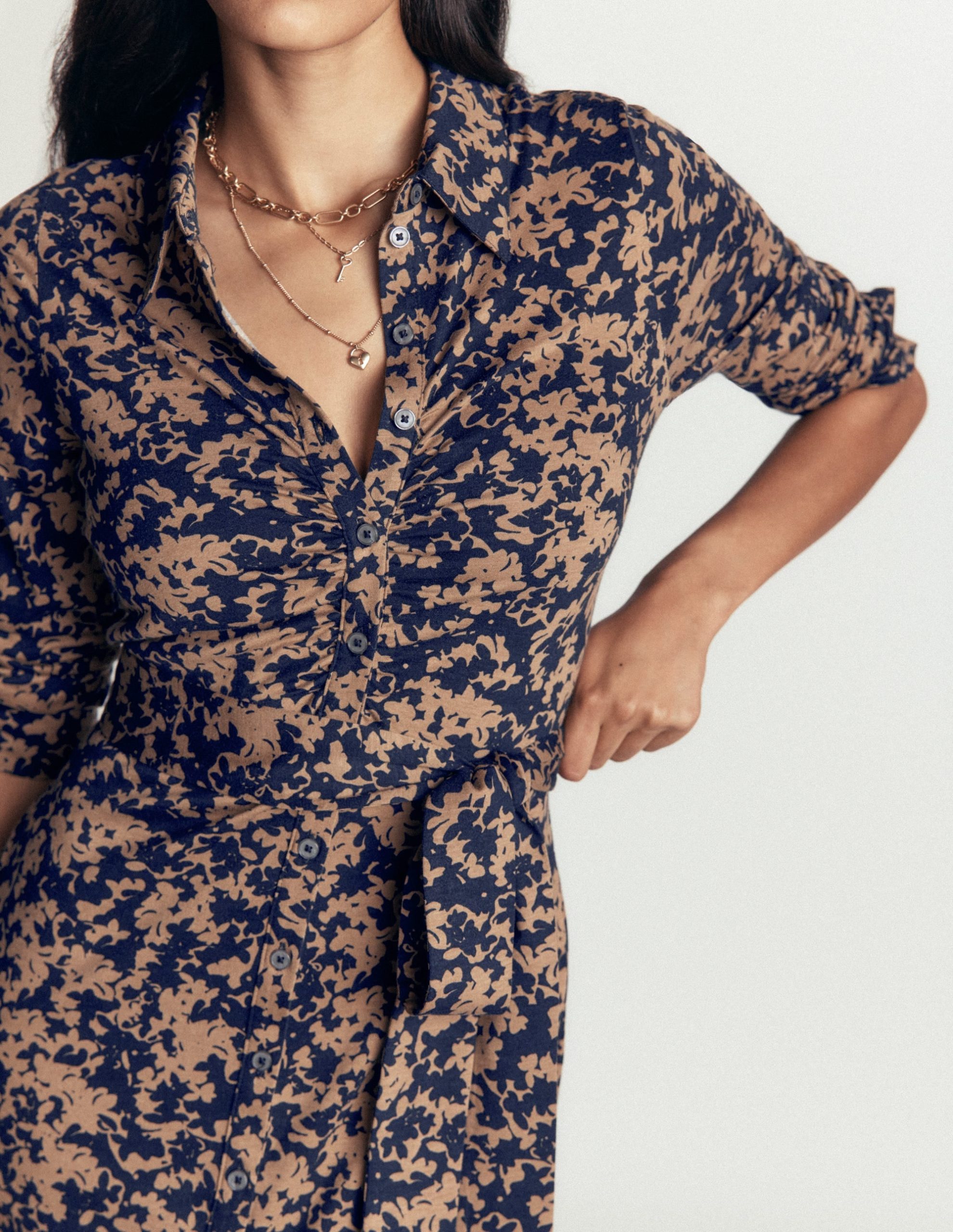 Ruched Jersey Shirt Dress-Cool Cocoa. Sprayed Leaf - Image 2