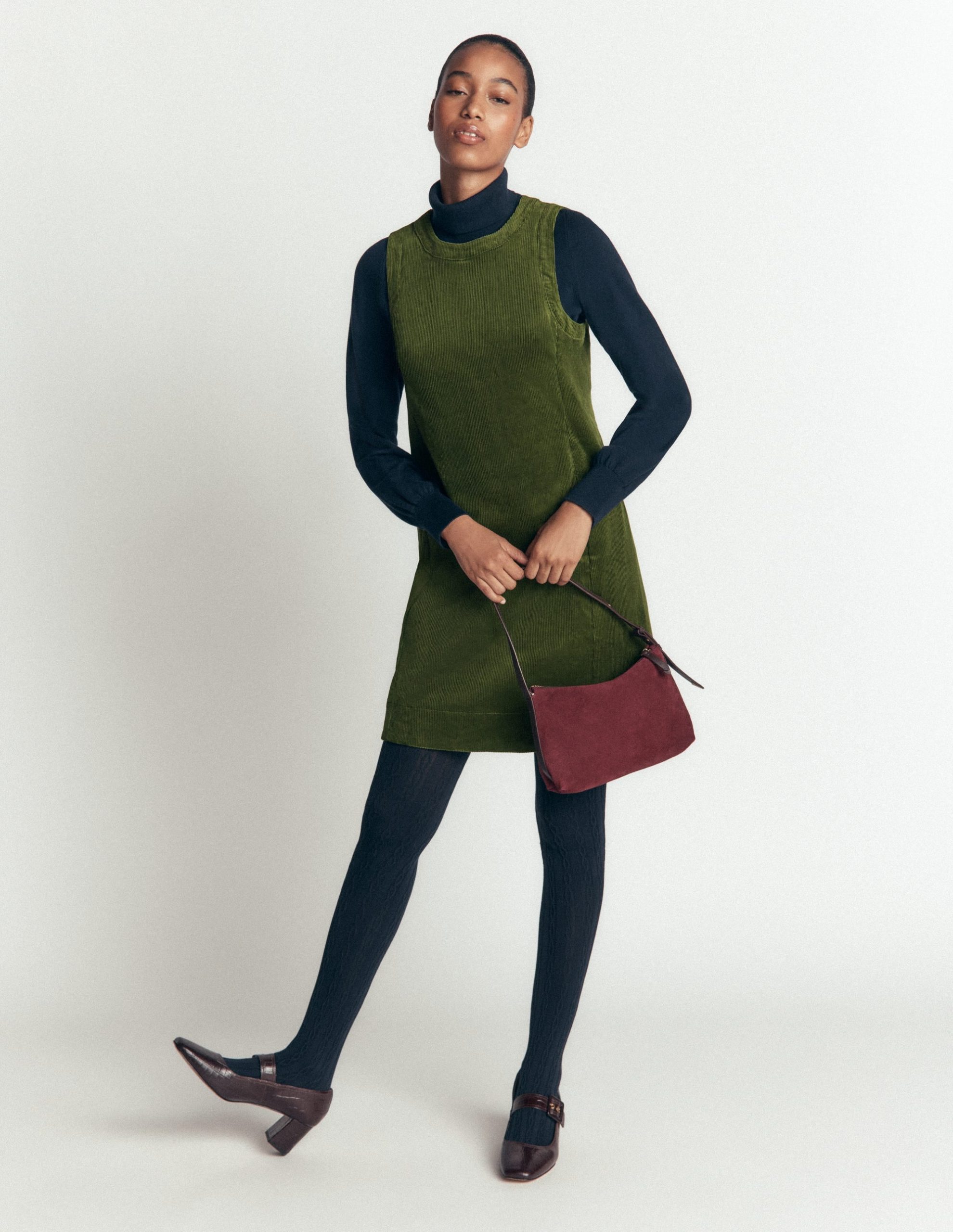 Lou Cord Shift Dress-Forest Green