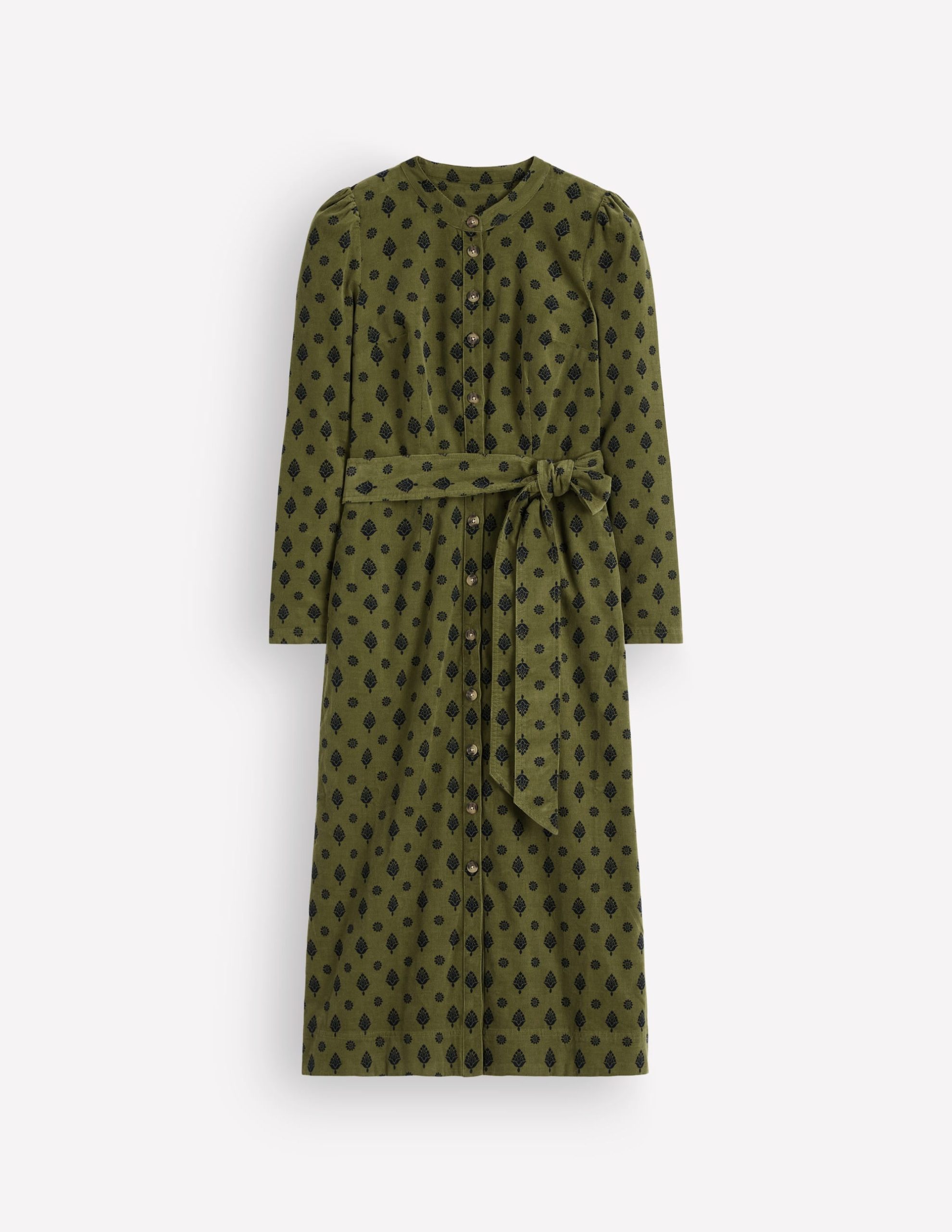 Louise Cord Midi Shirt Dress-Olive. Ornate Gardenia Stamp - Image 7