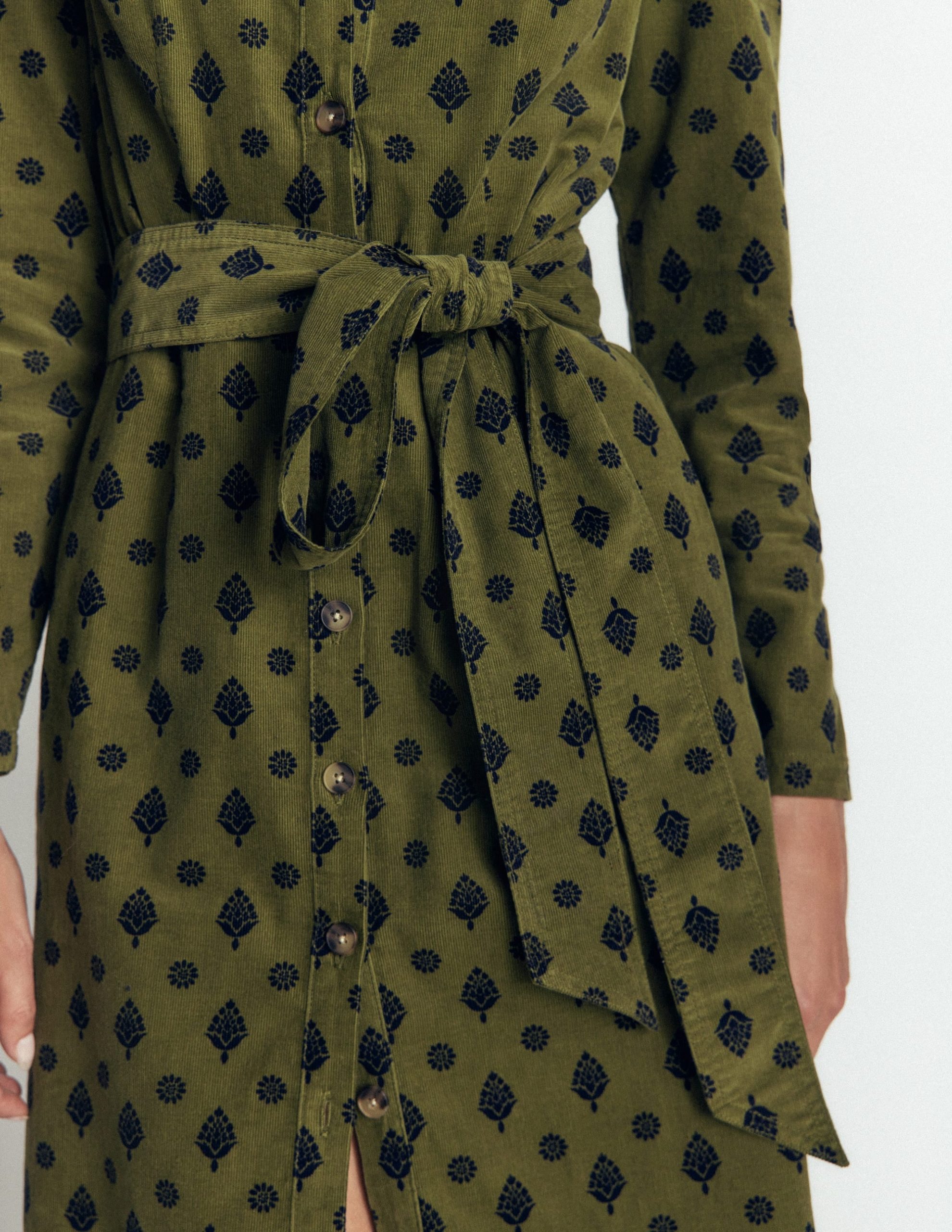 Louise Cord Midi Shirt Dress-Olive. Ornate Gardenia Stamp - Image 2