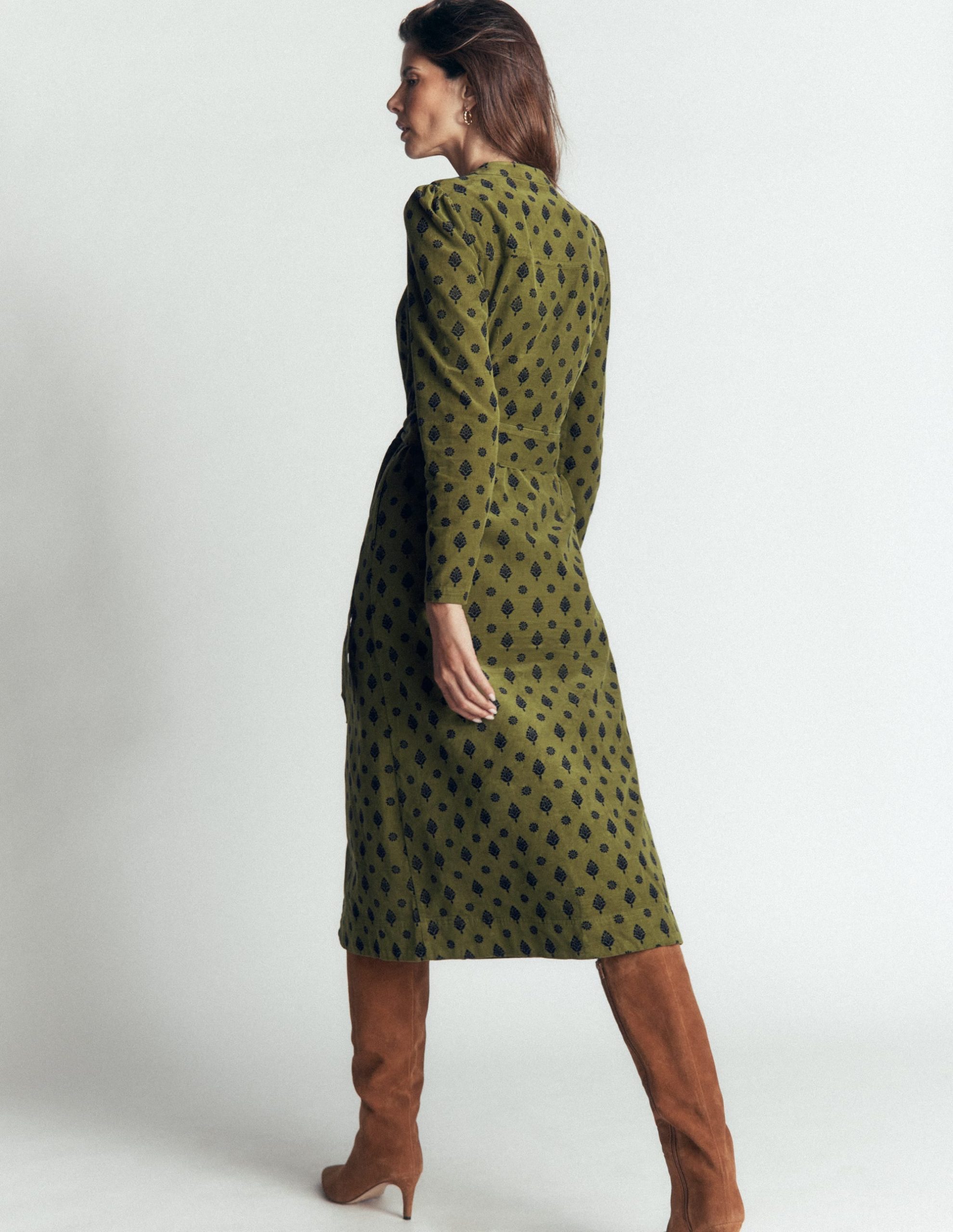 Louise Cord Midi Shirt Dress-Olive. Ornate Gardenia Stamp - Image 3