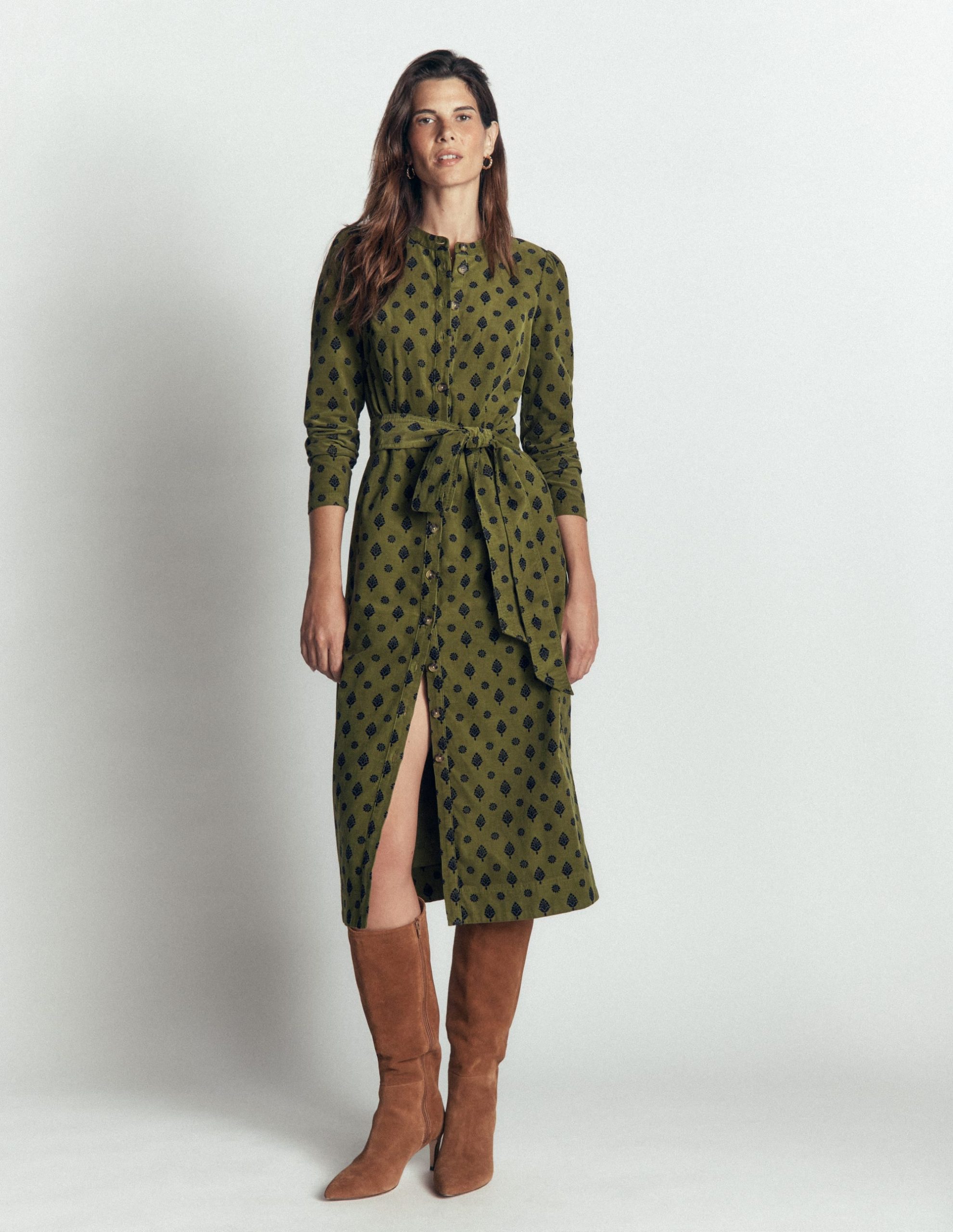Louise Cord Midi Shirt Dress-Olive. Ornate Gardenia Stamp - Image 4
