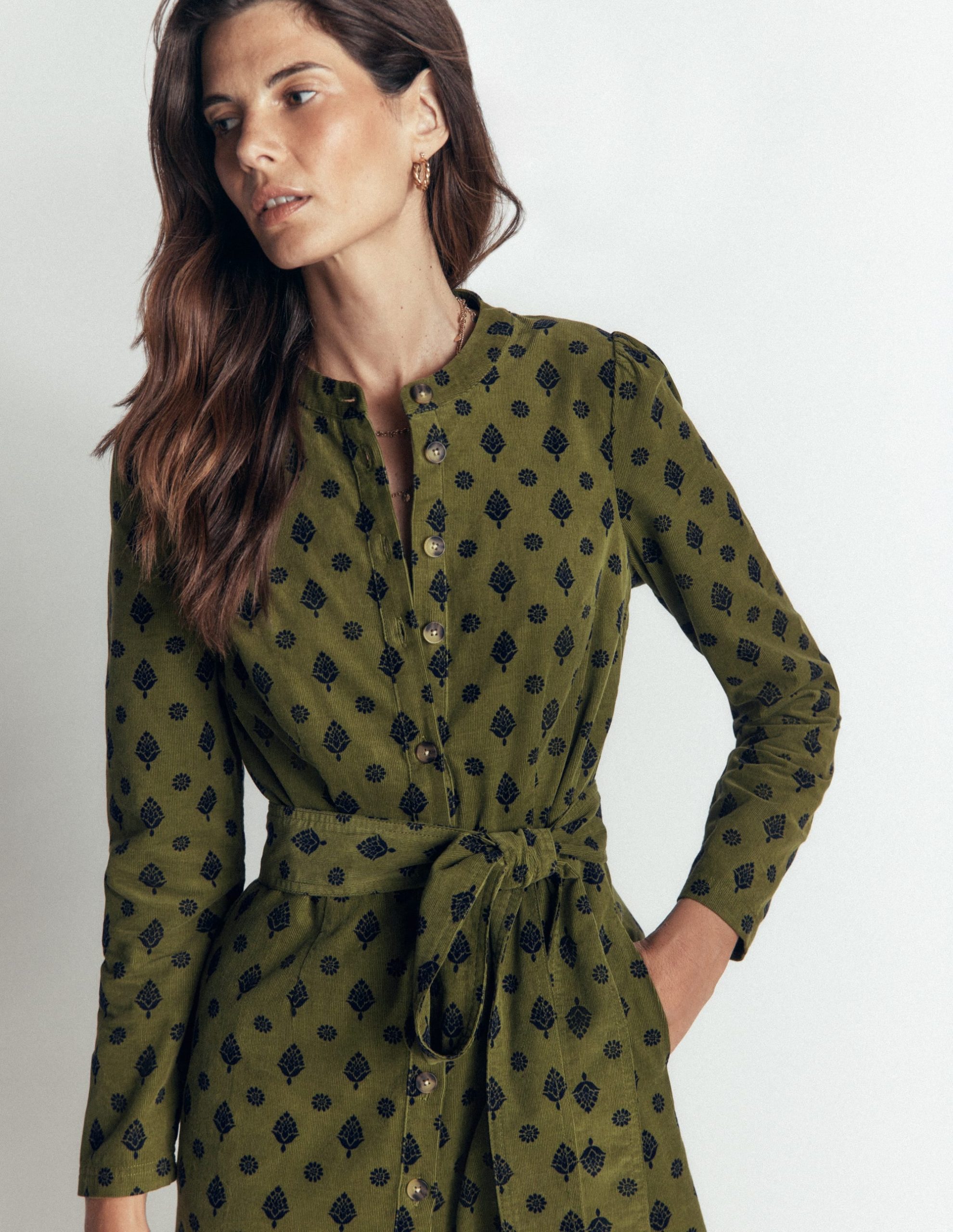 Louise Cord Midi Shirt Dress-Olive. Ornate Gardenia Stamp - Image 5