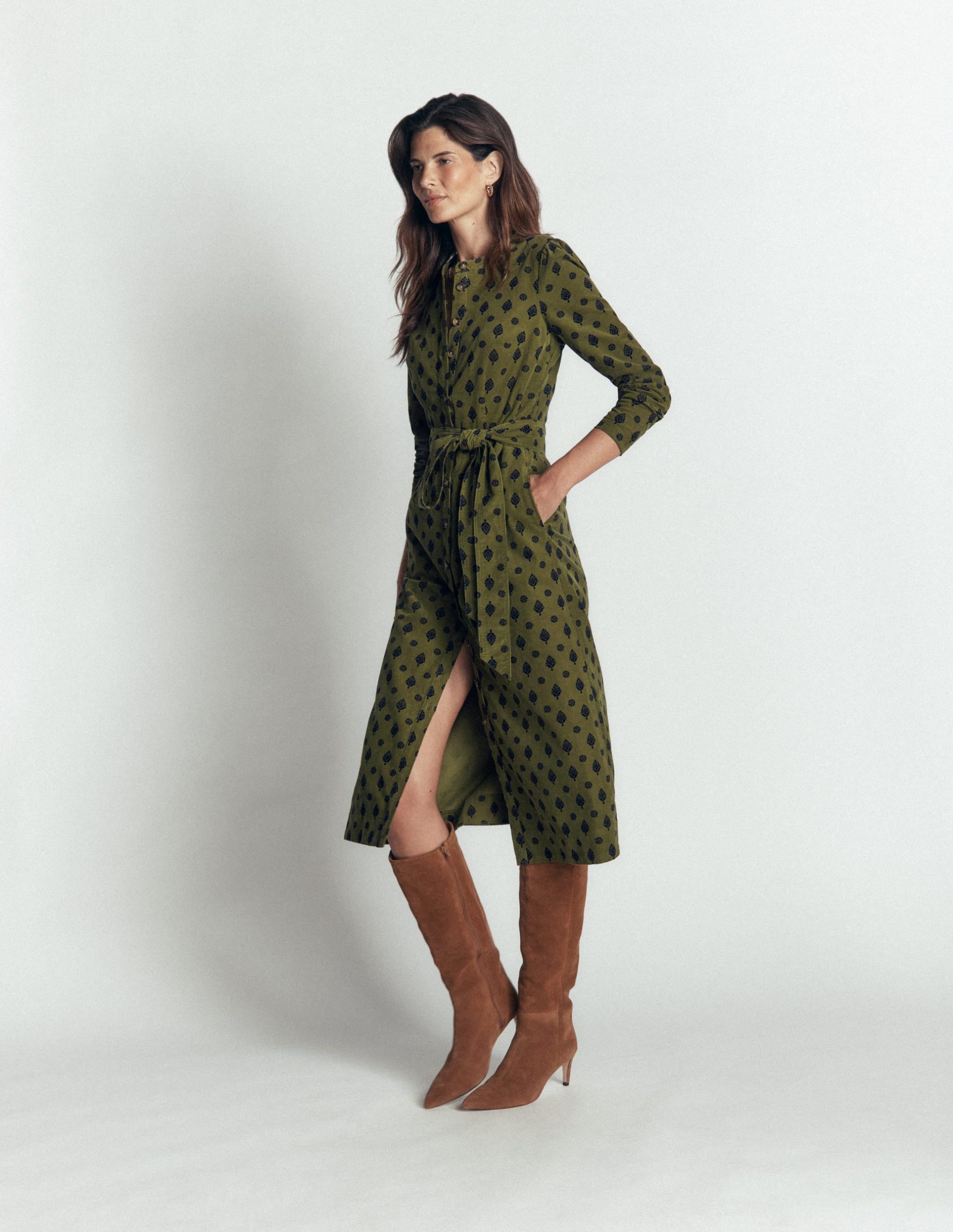 Louise Cord Midi Shirt Dress-Olive. Ornate Gardenia Stamp - Image 6