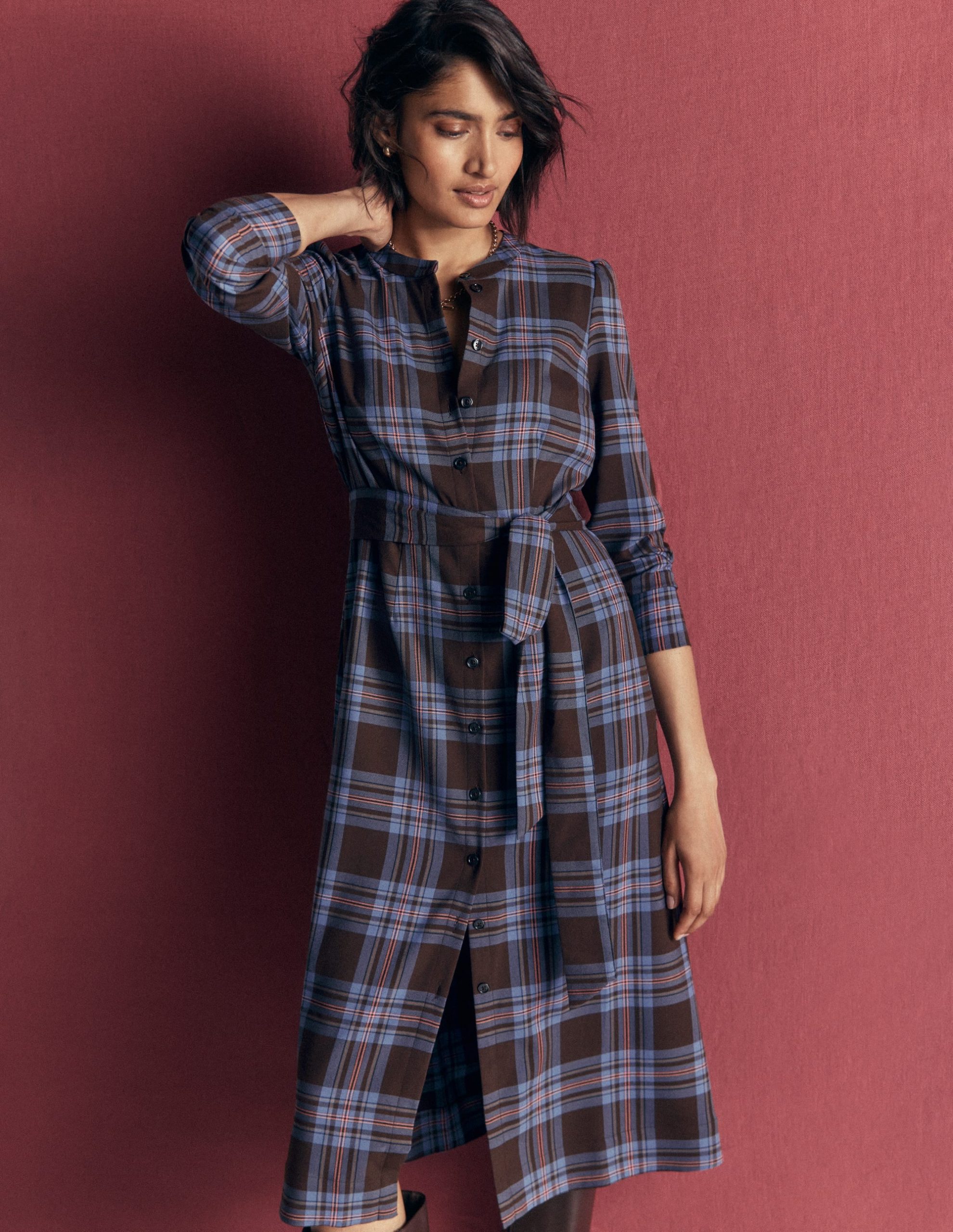 Louise Check Midi Shirt Dress-Brown. Blue and Pink Check - Image 2