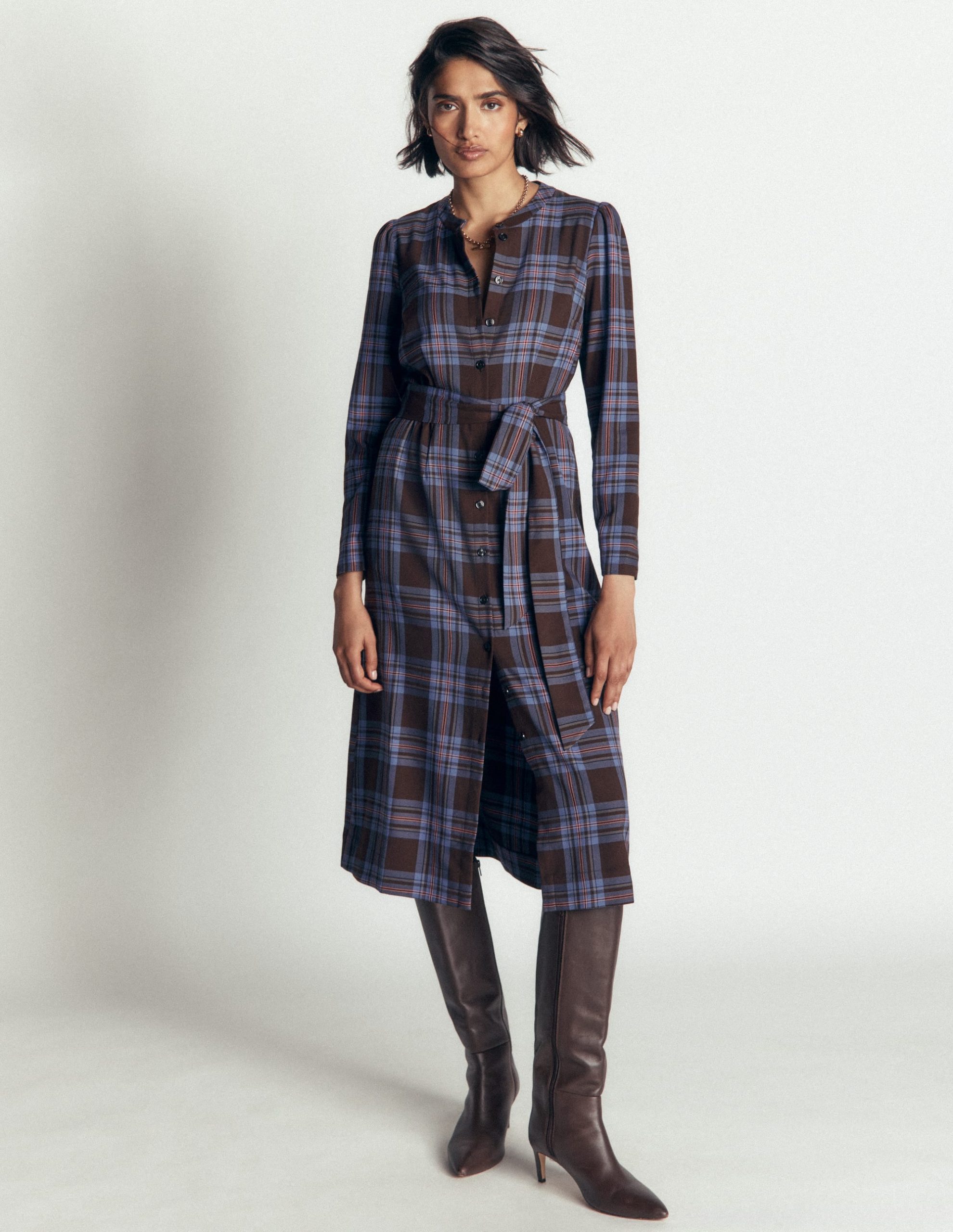 Louise Check Midi Shirt Dress-Brown. Blue and Pink Check - Image 4