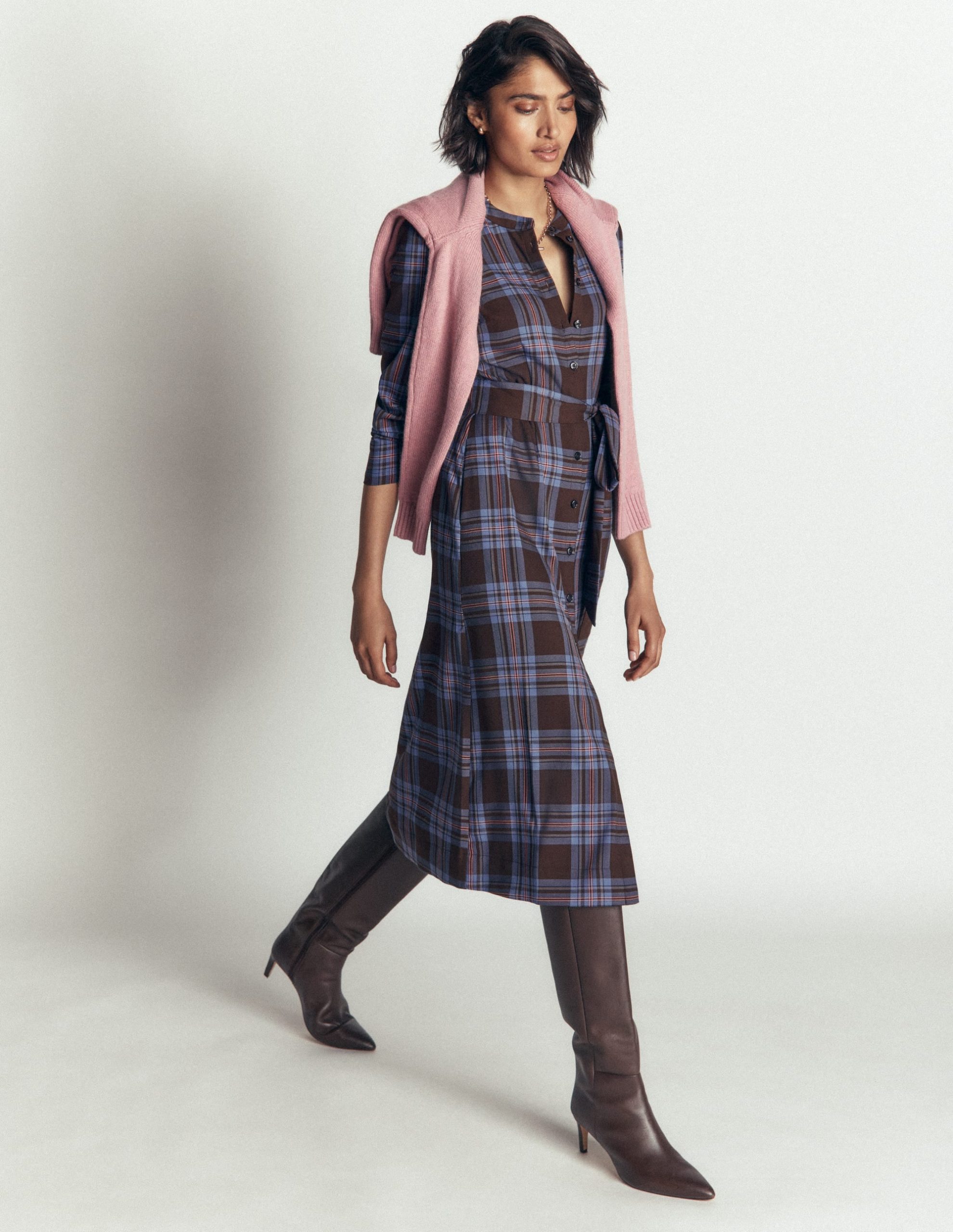 Louise Check Midi Shirt Dress-Brown. Blue and Pink Check - Image 5
