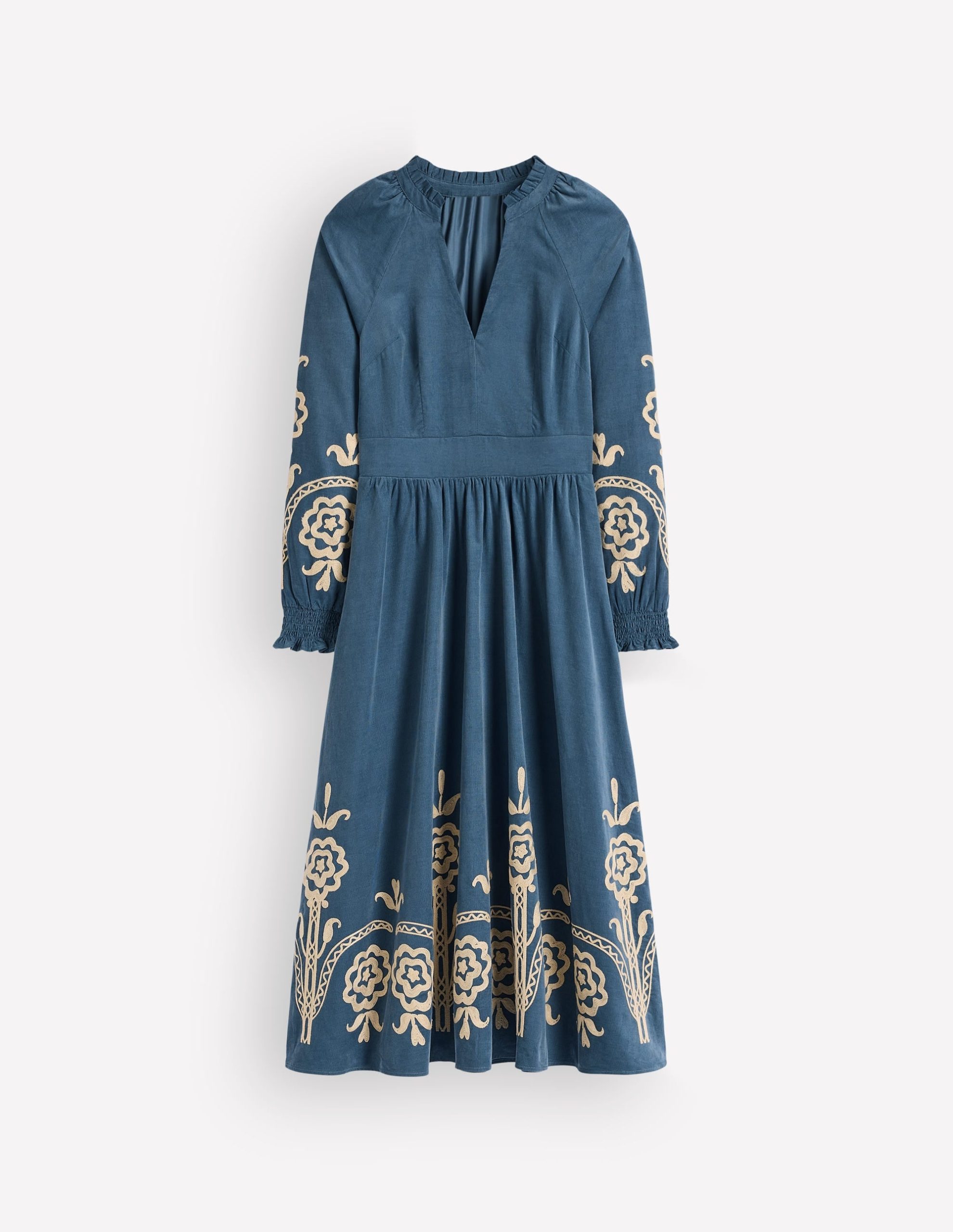 Smocked Cord Midi Dress-Storm Blue. Embroidery - Image 6