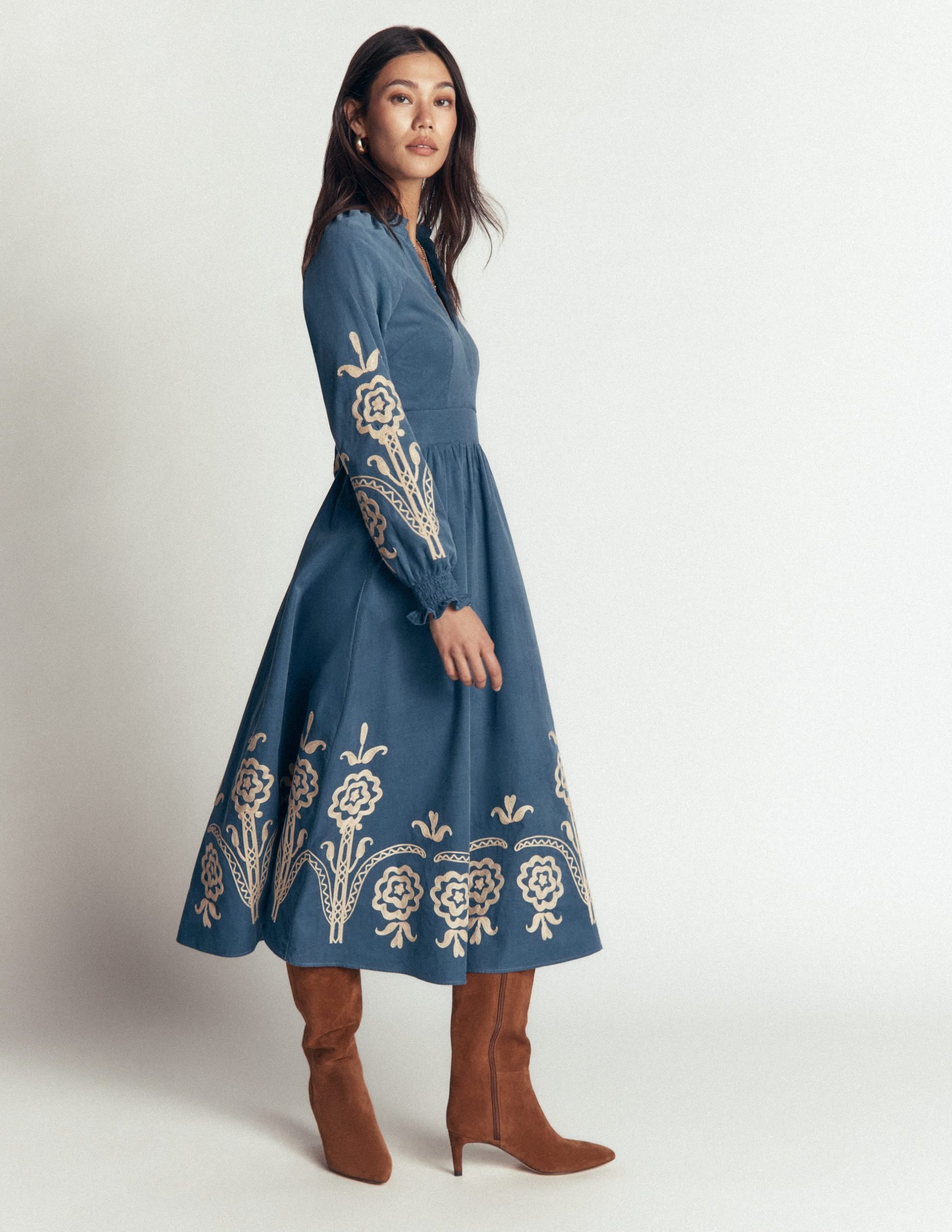 Smocked Cord Midi Dress-Storm Blue. Embroidery - Image 2