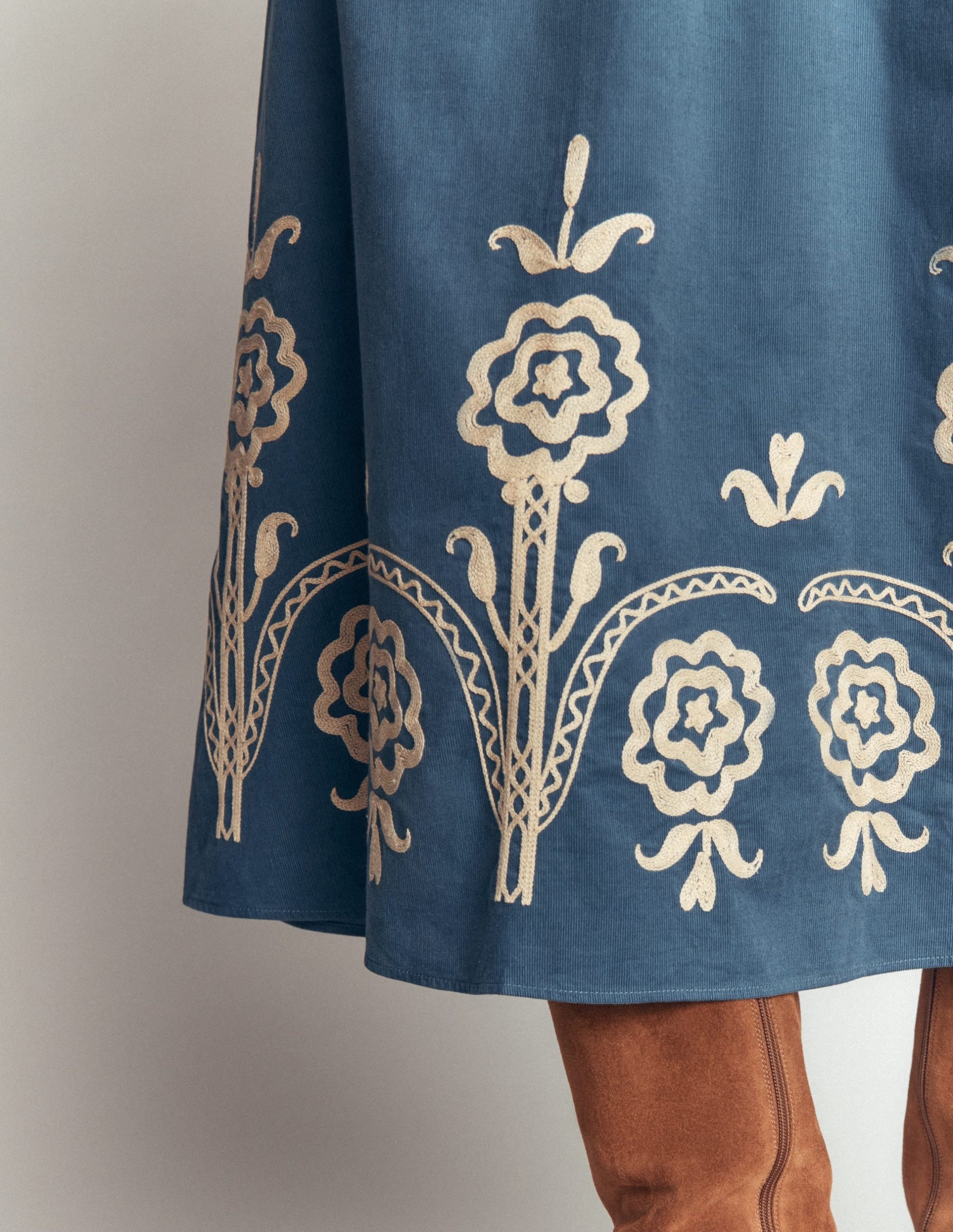 Smocked Cord Midi Dress-Storm Blue. Embroidery - Image 5