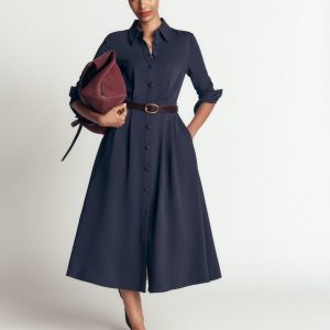 Kate Pleated Shirt Dress-Navy