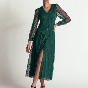 Pleated Tulle Midi Dress-Midnight Teal