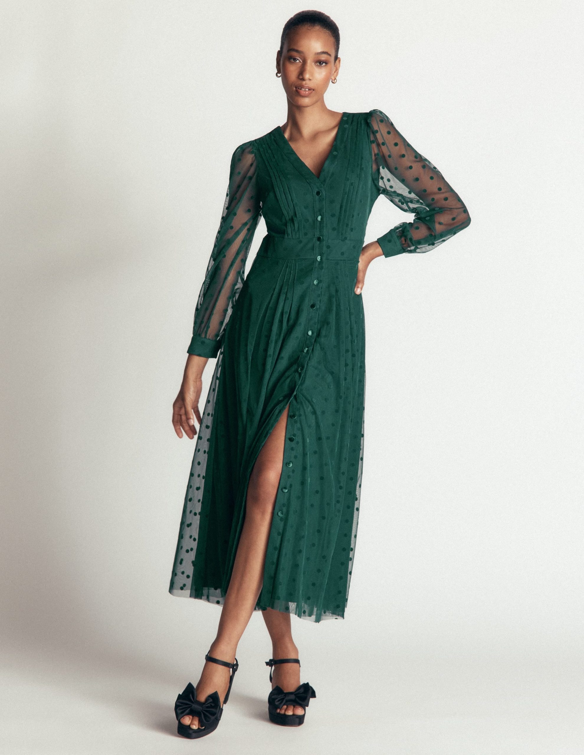 Pleated Tulle Midi Dress-Midnight Teal