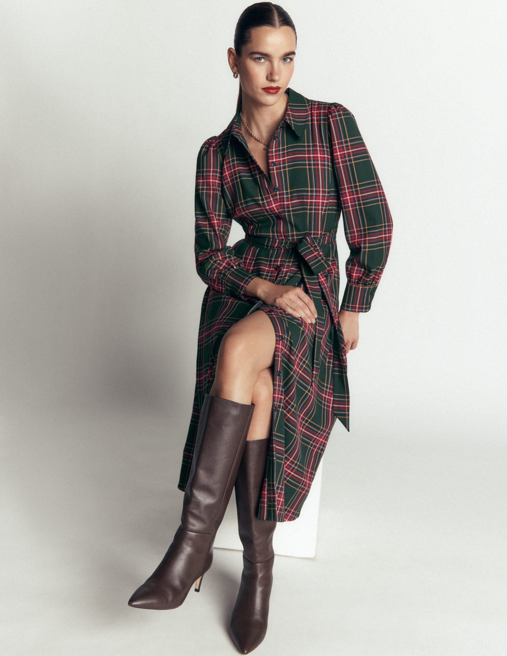 Maeve Check Midi Shirt Dress-Green. Navy and Red Check - Image 2