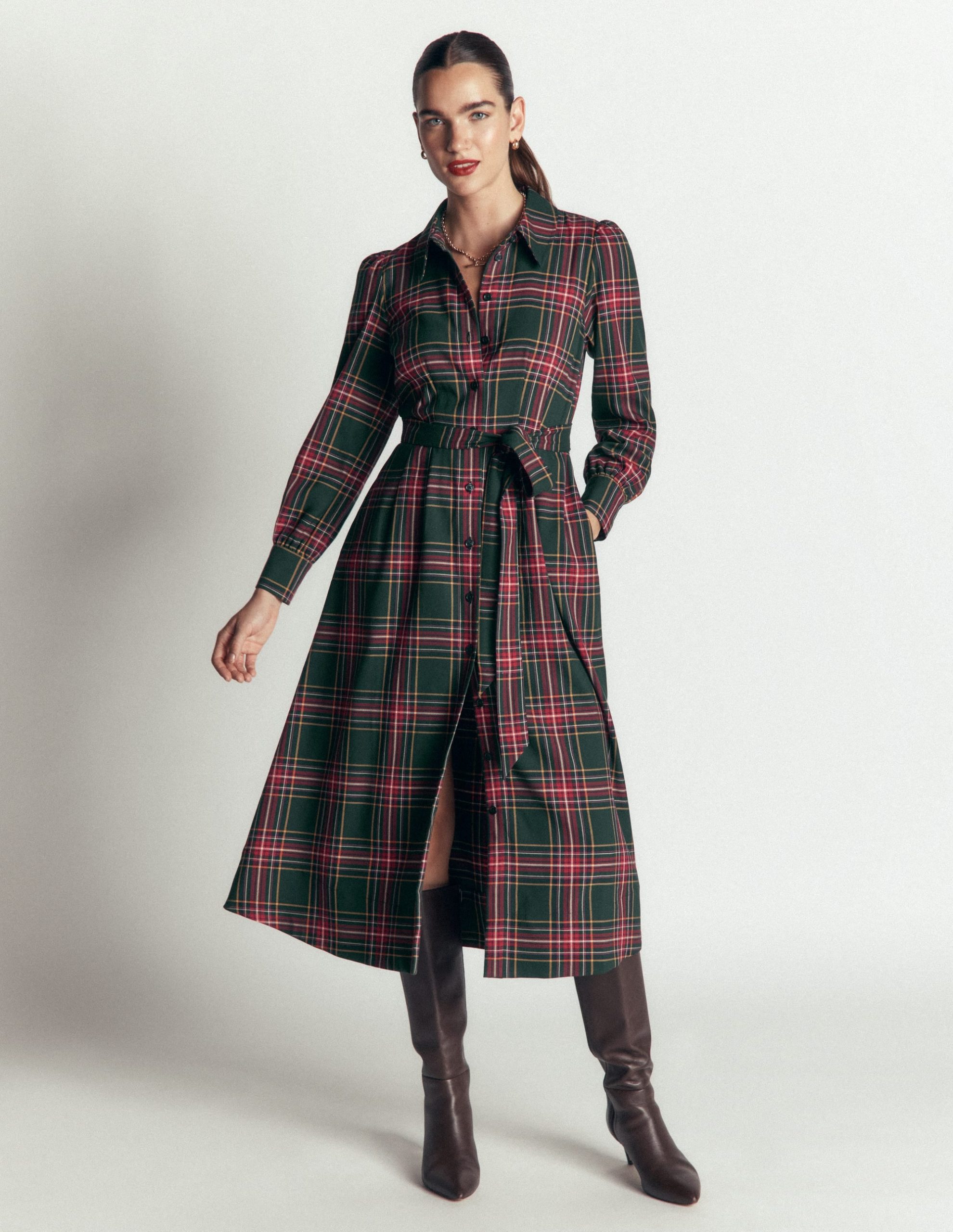 Maeve Check Midi Shirt Dress-Green. Navy and Red Check - Image 5