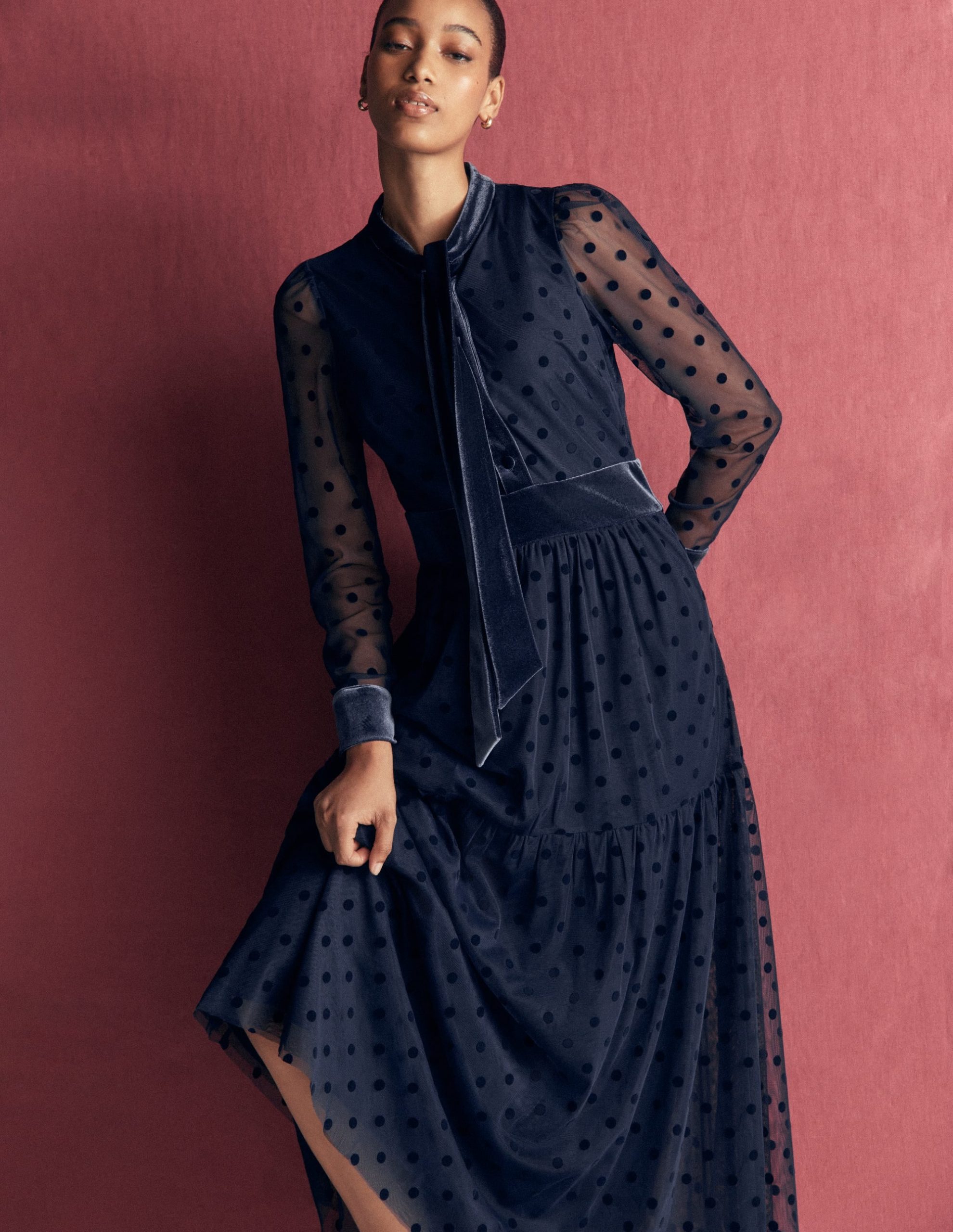 Tie Neck Tiered Tulle Dress-Navy - Image 2