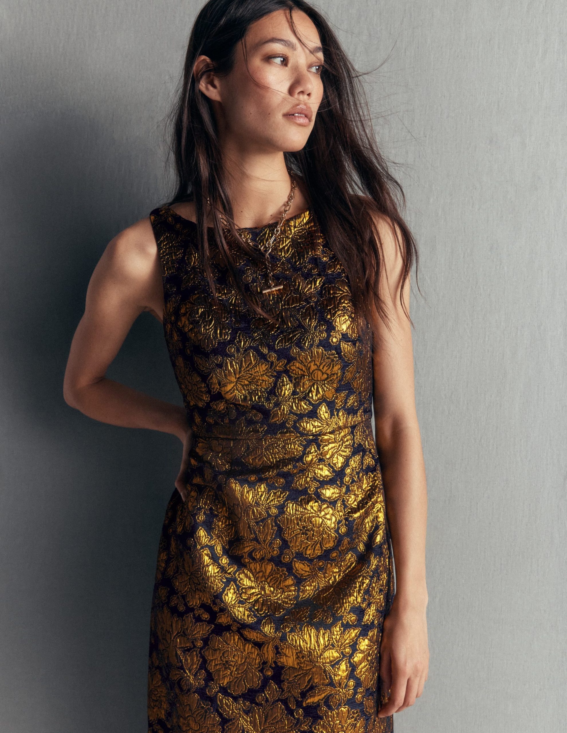 Jacquard Boat Neck Dress-Gold Floral Jacquard - Image 5