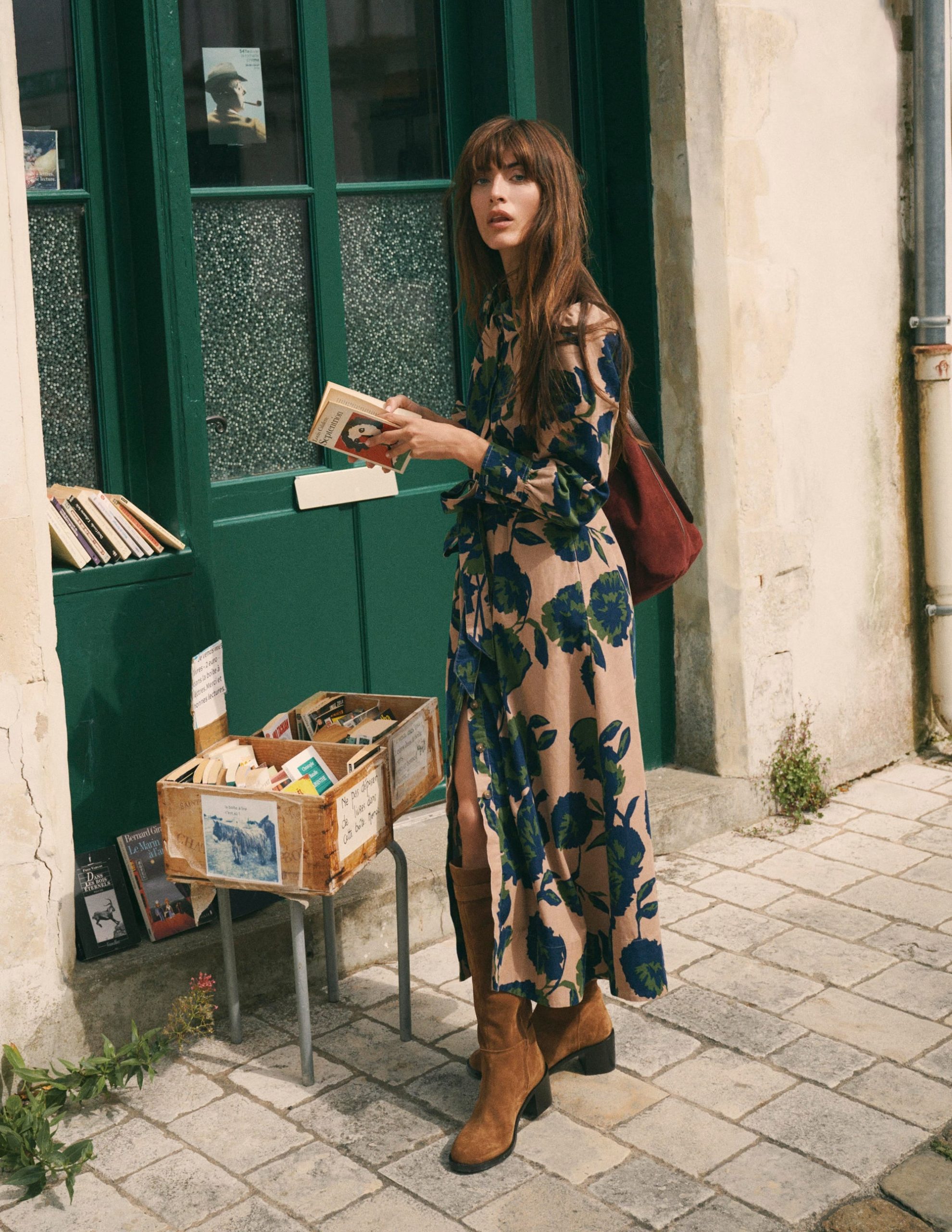 Maeve Cord Midi Shirt Dress-Cool Cocoa. Forest Breeze