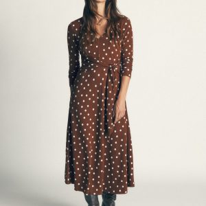 Tie Waist Ponte Dress-Raw Umber. Painted Dot
