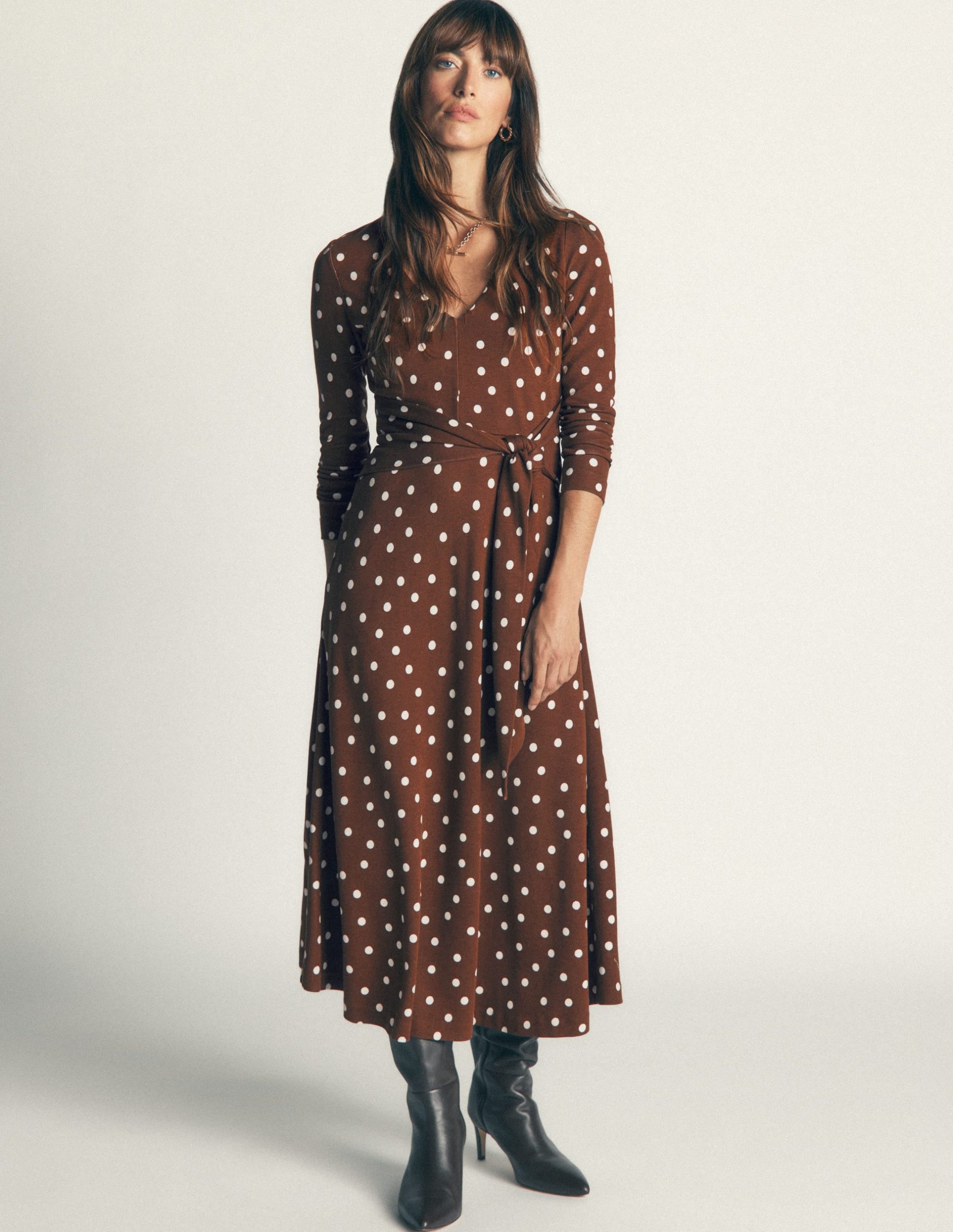 Tie Waist Ponte Dress-Raw Umber. Painted Dot