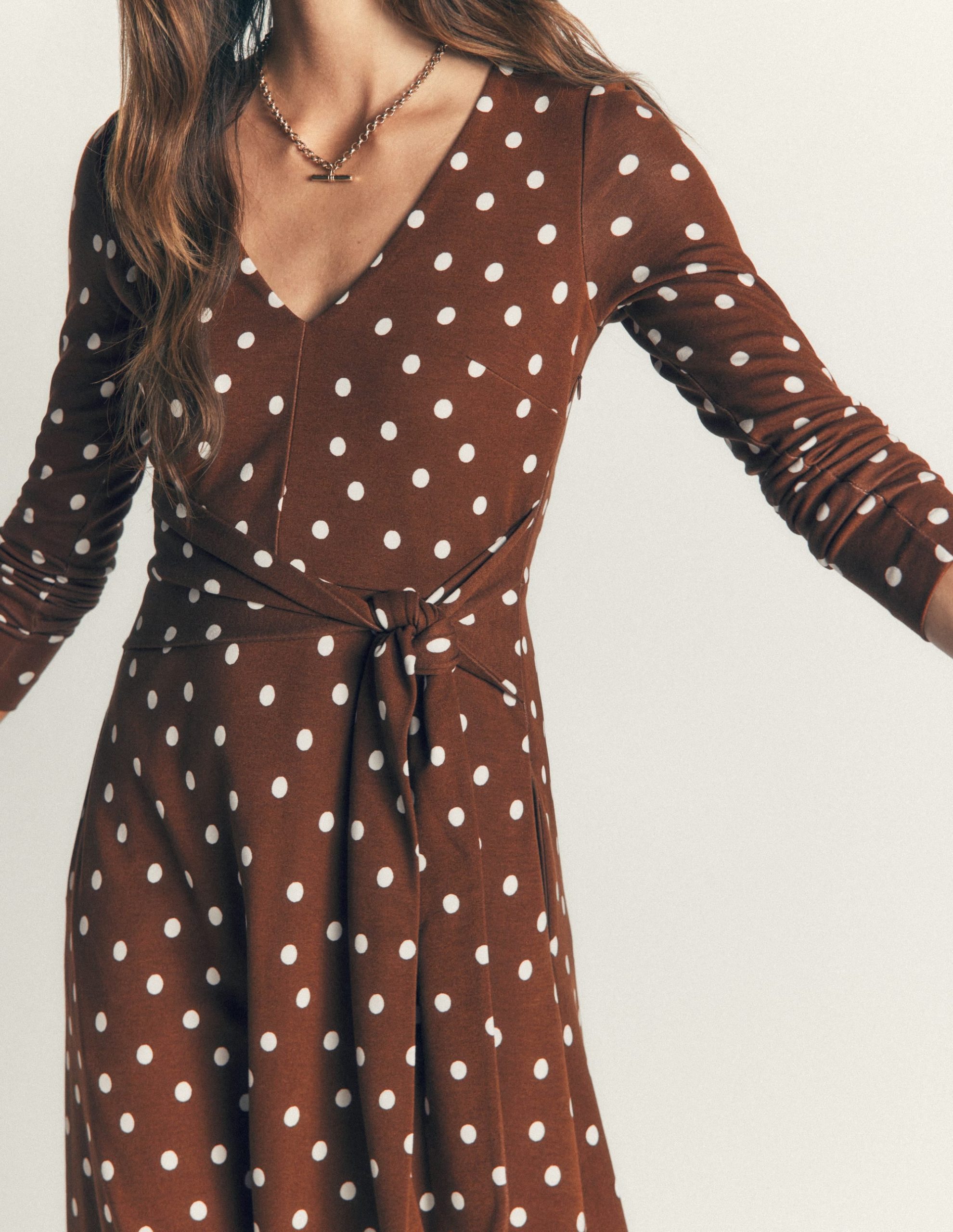 Tie Waist Ponte Dress-Raw Umber. Painted Dot - Image 2