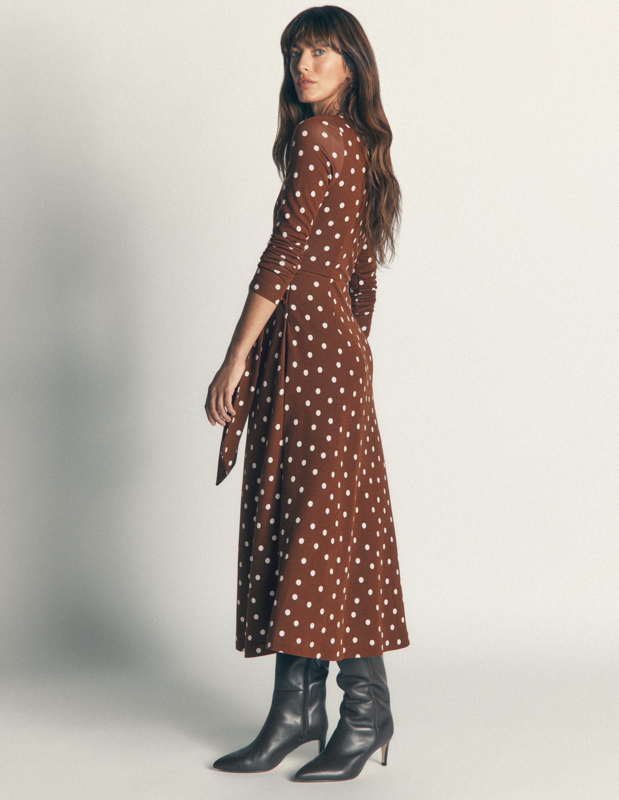 Tie Waist Ponte Dress-Raw Umber. Painted Dot - Image 3