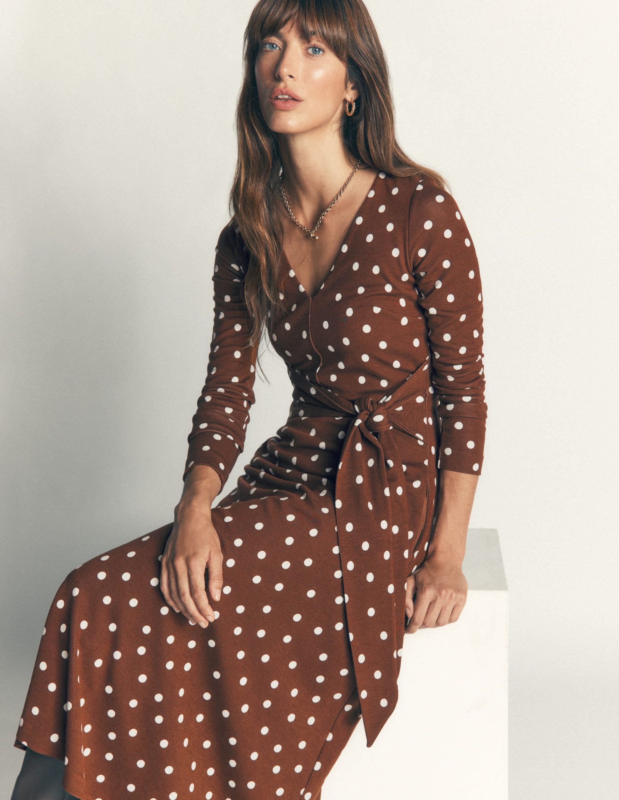 Tie Waist Ponte Dress-Raw Umber. Painted Dot - Image 5